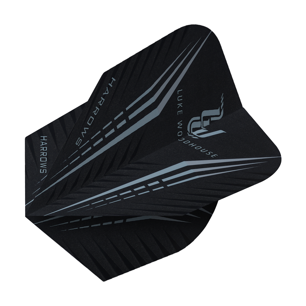 HR24_Harrows_Prime_Luke_Woodhouse_Standard_Flights_2 Das Bild zeigt ein schwarzes Dart-Flight mit silbernen Linien und dem Namen "Luke Woodhouse". Auf dem Flight steht außerdem die Marke "Harrows".