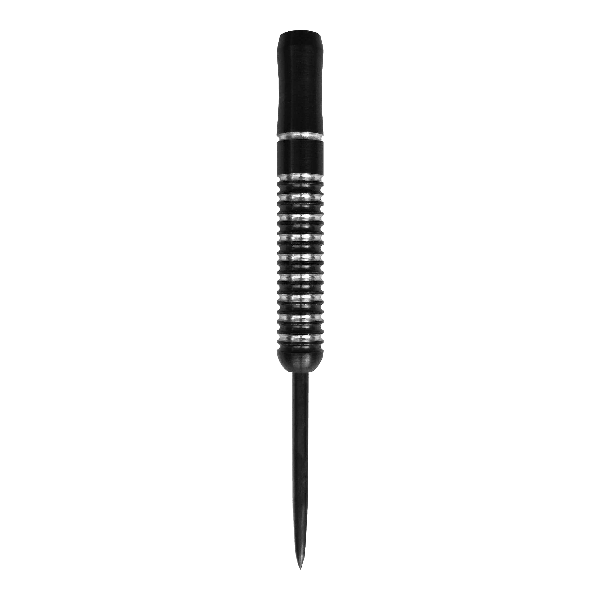 McDart Void Steeldart Barrels - 23g Das Bild zeigt einen McDart Void Steeldart Barrel mit einem Gewicht von 23g. Der Dart hat ein schwarz-silbernes Rillenmuster und eine spitze Metallspitze.