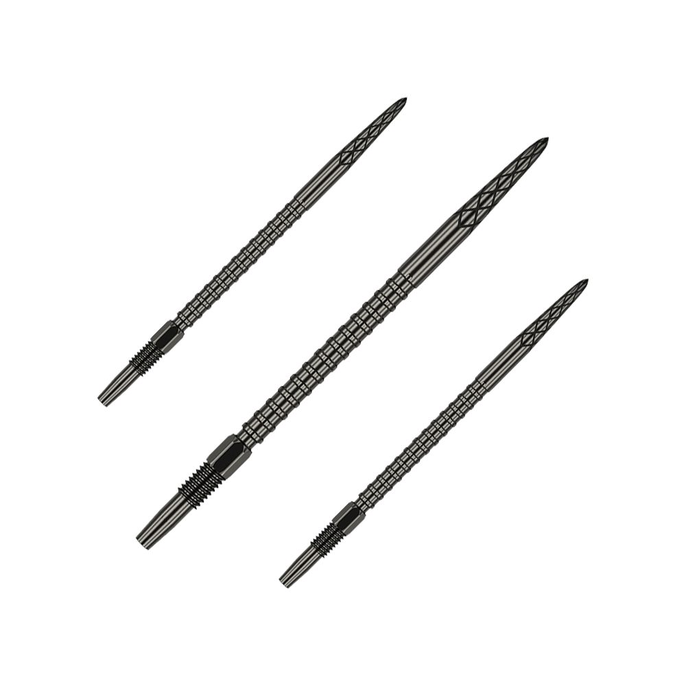 Target Swiss DS Surge Point dart tips - Black Verschiedene Dartspitzen mit mattem Glanz sind zu erkennen. Die Spitzen haben eine klare Linienführung.