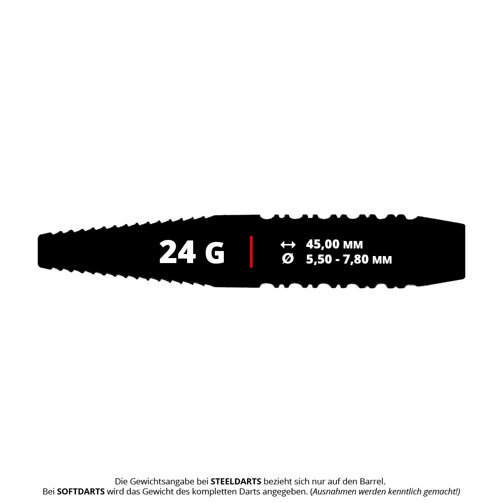 Gezeigt werden McDart Black Ring Shark Steeldart-Barrels, 24g schwer. Die Barrels haben eine spezielle Shark-Riffelung für mehr Grip.