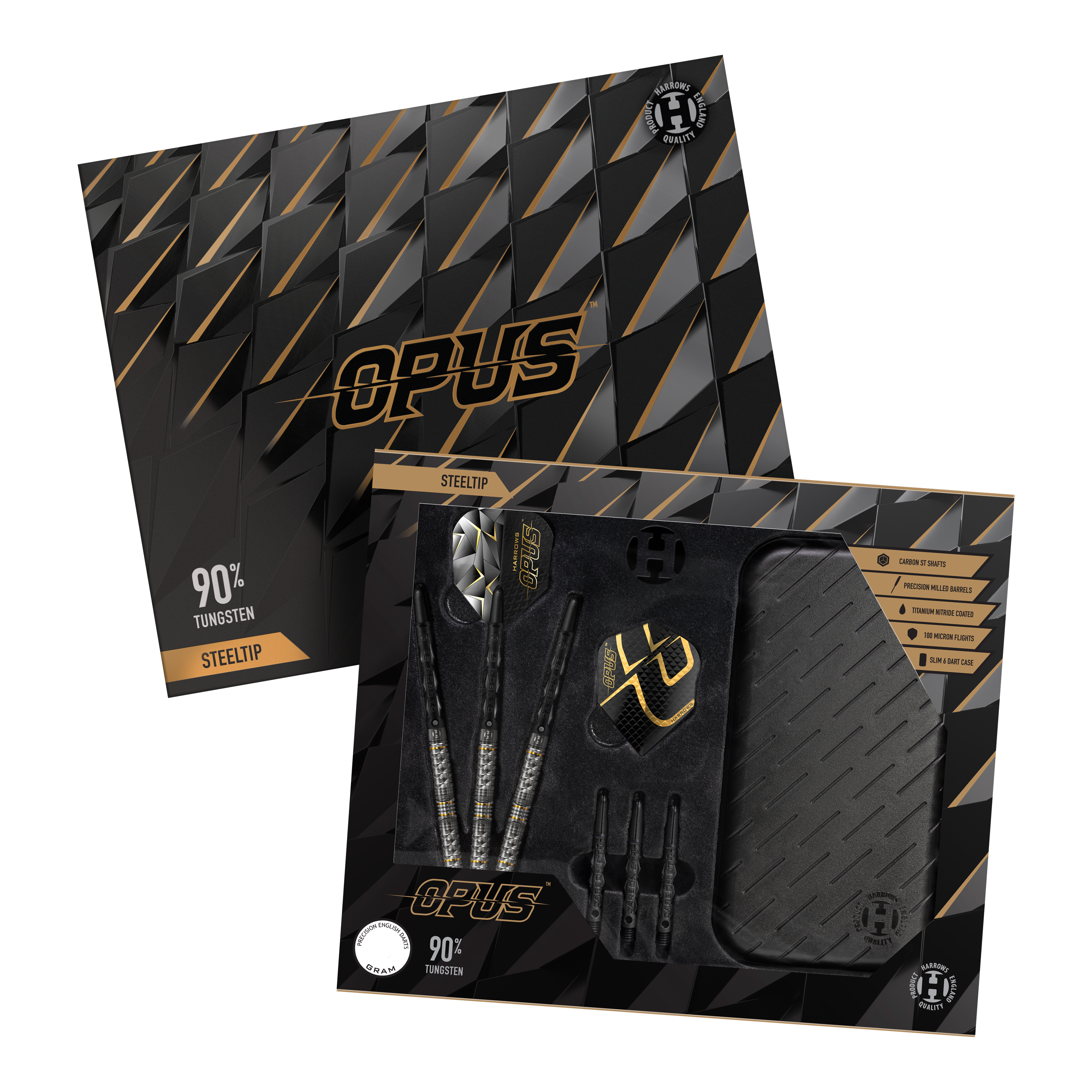 Harrows Opus Steeldarts Das Bild zeigt das Produkt "Harrows Opus Steeldarts" in einer eleganten, schwarz-goldenen Verpackung. Im Inneren sind die Steeldarts, Flights, Shafts und ein Dartcase sichtbar angeordnet.