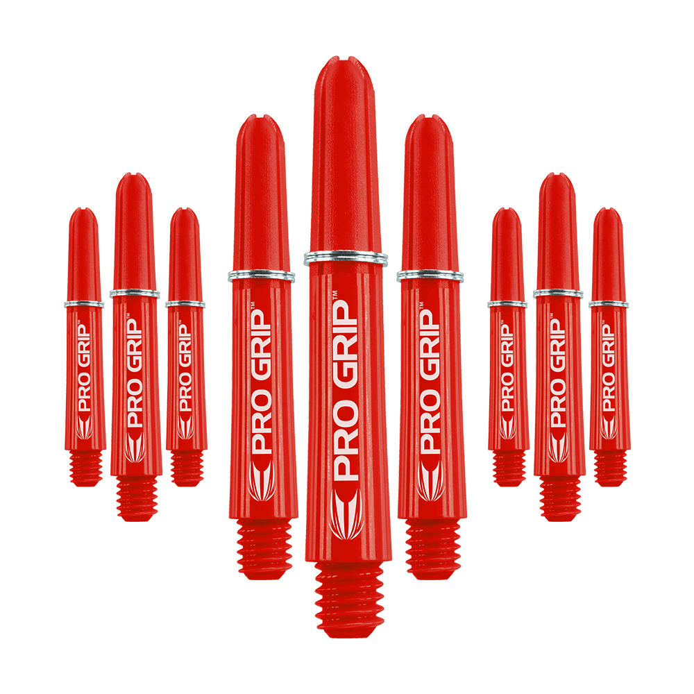 Das Bild zeigt neun rote Dart-Schäfte mit der Aufschrift "PRO GRIP". Sie sind in drei Gruppen angeordnet und haben ein auffälliges, glänzendes Design.