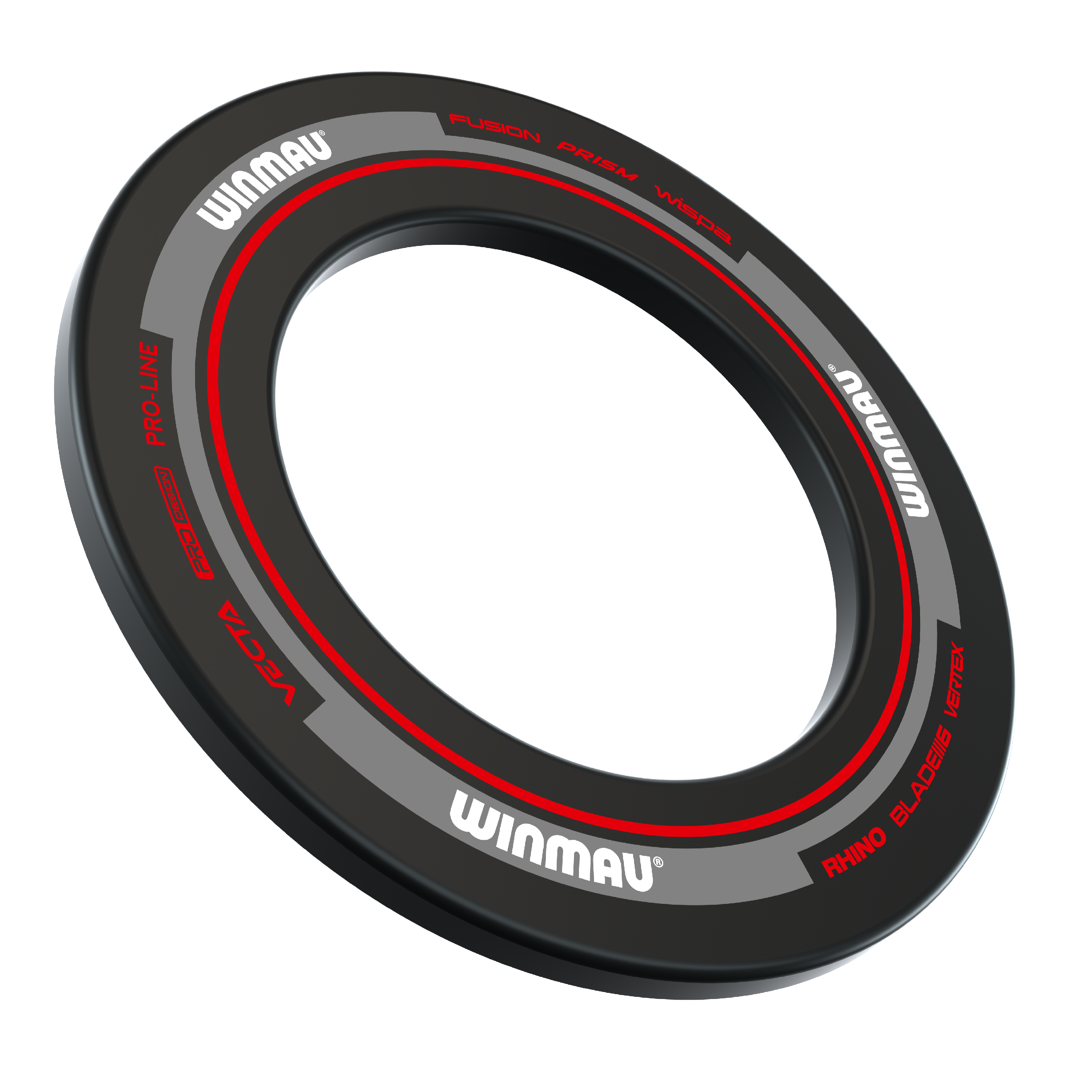 Winmau Advance Dartboard Surround - Black Red Das Bild zeigt einen Winmau Advance Dartboard Surround in Schwarz und Rot. Der Surround ist rund und hat weiße und rote Schriftzüge.