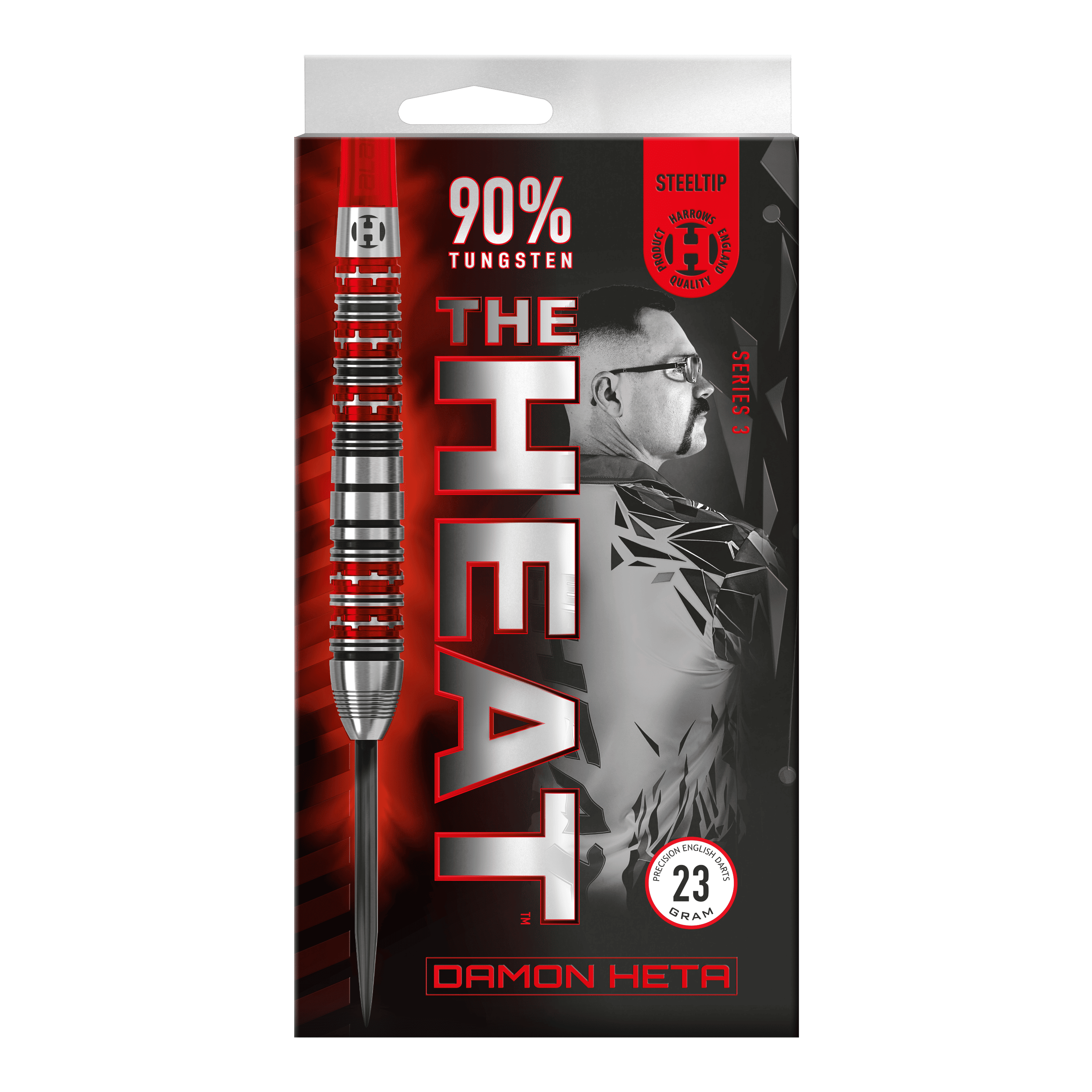 Harrow's Damon Heta Series 3 steel darts Die Verpackung zeigt die "Harrows Damon Heta Series 3 Steeldarts" mit einem markanten Design in Rot und Schwarz. Auf der Vorderseite sind Informationen wie 90% Tungsten und ein Bild von Damon Heta abgebildet.