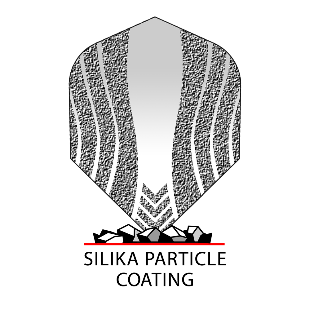 _Harrows_Silika_Lumen_No6_Coating2IZyZwFuCIIxq Das Bild zeigt ein Dartflight mit einem Muster aus geschwungenen Linien und einem Silika-Partikel-Coating. Darunter steht in schwarzer Schrift: "SILIKA PARTICLE COATING".