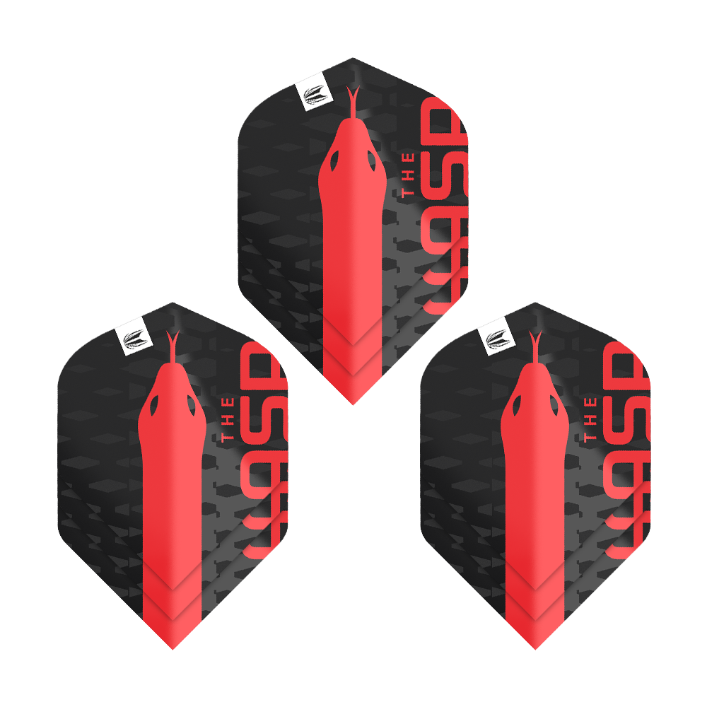 Target Pro Ultra Nathan Aspinall No2 Standard Flights - 3 sets Das Bild zeigt drei schwarze Dart-Flights mit einem roten Schlangenkopf und der Aufschrift "THE ASP". Es handelt sich um das Produkt "Target Pro Ultra Nathan Aspinall No2 Standard Flights - 3 Sets".