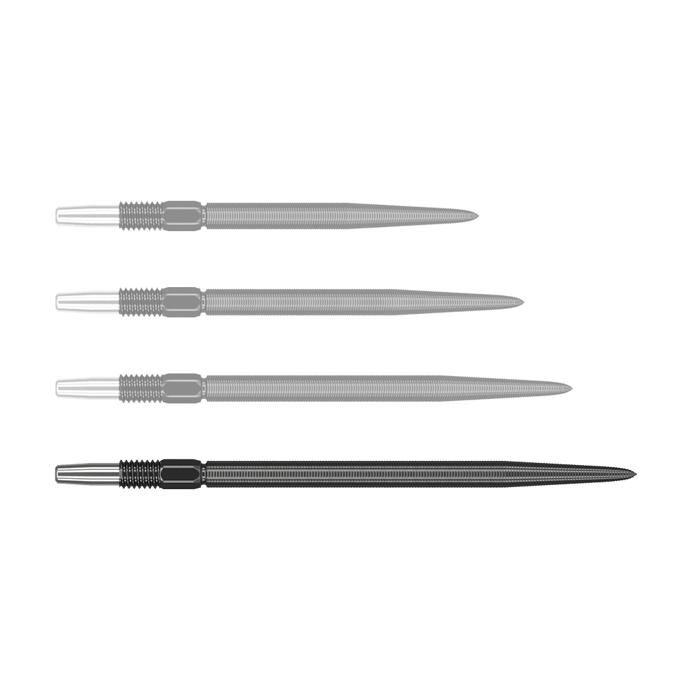 Target Swiss Point Nano Dart Tips - Black Auf dem Bild sind vier schwarze Dartspitzen nebeneinander angeordnet. Die Spitzen haben einen silbernen Ansatz und einen geriffelten Schaft.