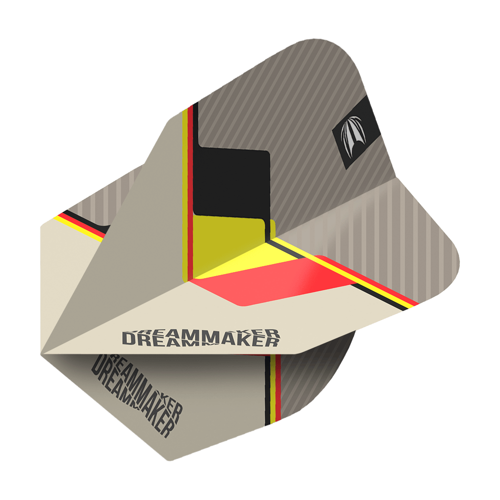 TG77_336500_Target_Pro_Ultra_Dimitri_Van_Den_Bergh_2022_No6_Flights_2bmayl8KgcW1Zu Das Bild zeigt die Target Pro Ultra Dimitri Van Den Bergh No6 Flights. Das Design ist modern mit den Farben Schwarz, Gelb und Rot sowie dem Schriftzug "Dreammaker".