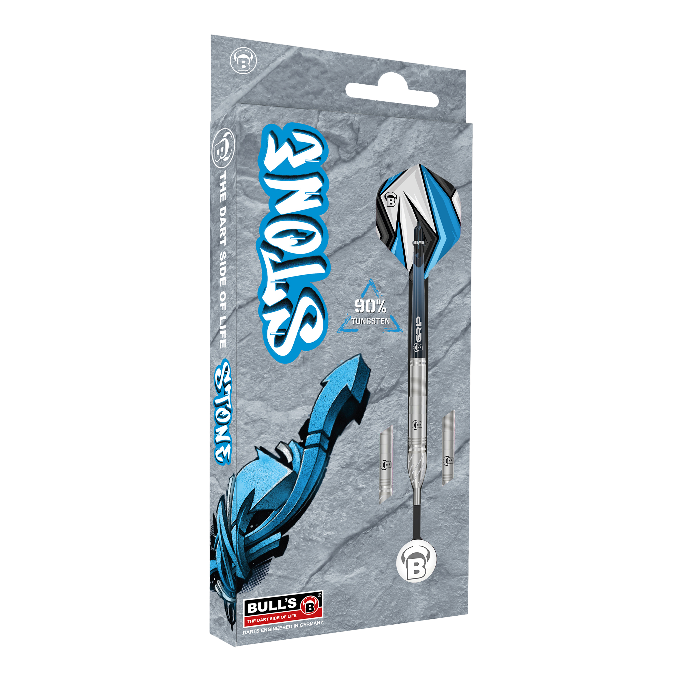 Bulls Stone S1 Steeldarts Das Bild zeigt die Verpackung der "Bulls Stone S1 Steeldarts". Die Darts bestehen zu 90% aus Tungsten und haben ein modernes, blau-graues Design.