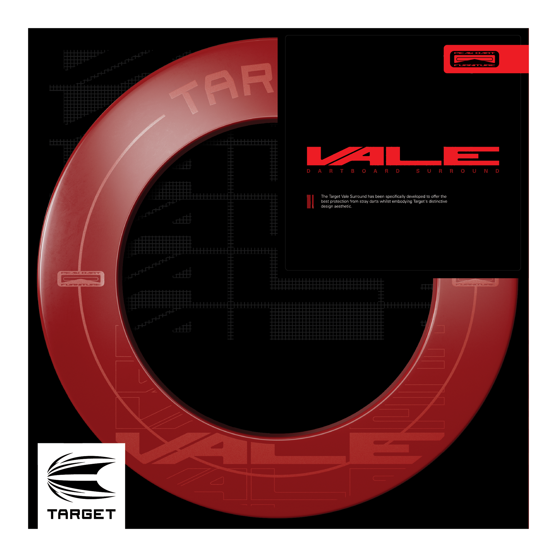 Target VALE Dartboard Surround Das Bild zeigt das Produkt "Target VALE Dartboard Surround" in einem auffälligen roten Design. Es wurde speziell entwickelt, um den bestmöglichen Schutz für Wände beim Dartspiel zu bieten.