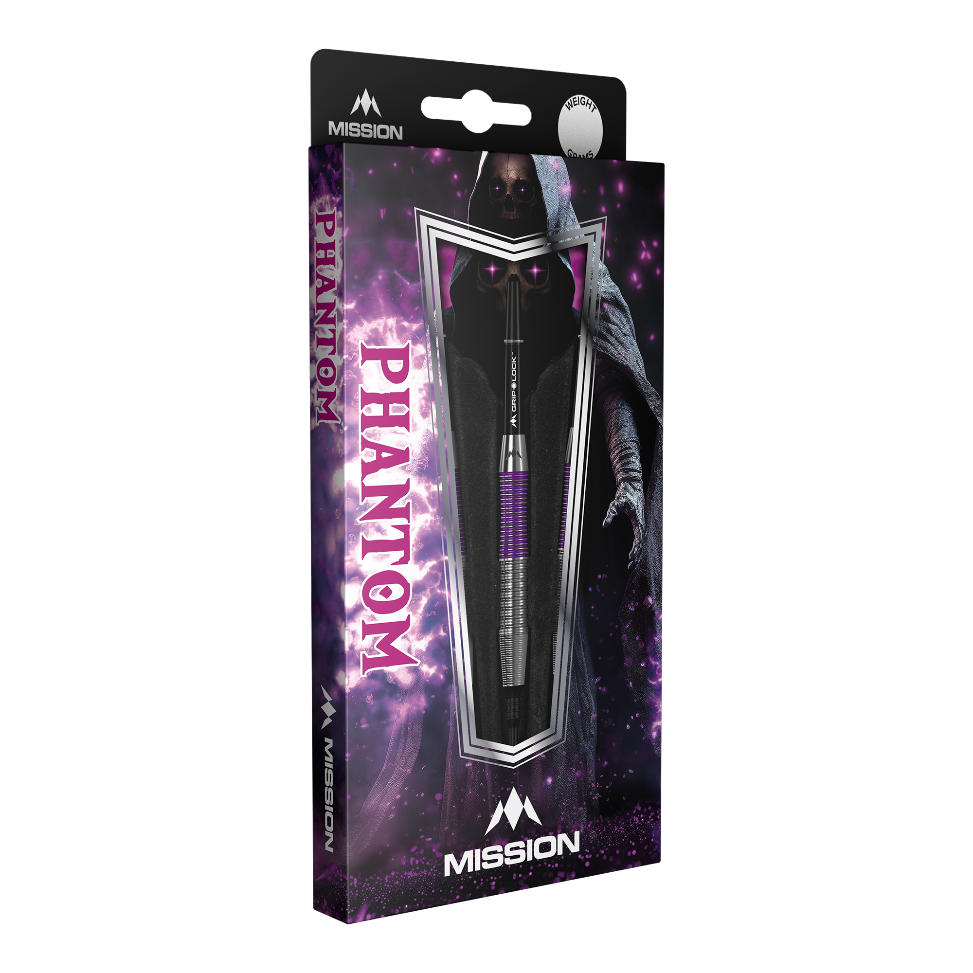 Mission Phantom Brass Soft Darts - 18g Die Abbildung zeigt die Mission Phantom Brass Softdarts mit einem Gewicht von 18g. Die Verpackung ist lila-schwarz gestaltet und zeigt einen mystischen Phantom-Charakter.