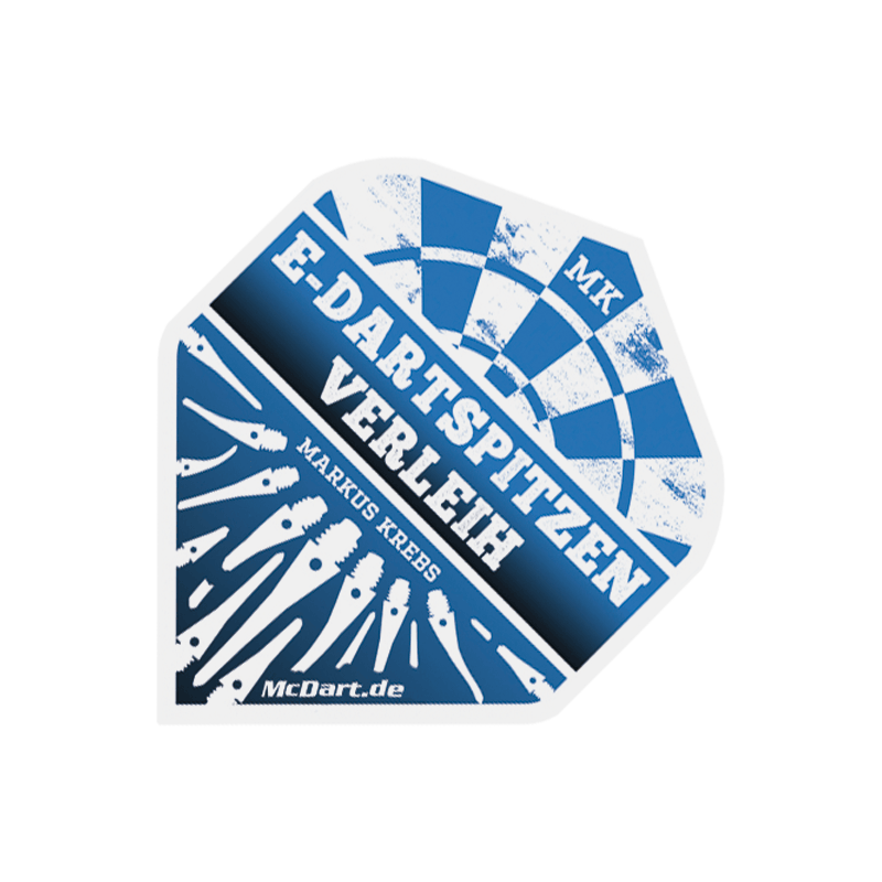 MK8025_Markus_Krebs_Flights_2_EDartSpitzenverleih Das Bild zeigt ein blau-weißes Dartflight-Design mit der Aufschrift "E-Dartspitzen Verleih" und "Markus Krebs". Unten rechts sind verschiedene Dartspitzen und die Website "McDart.de" abgebildet.