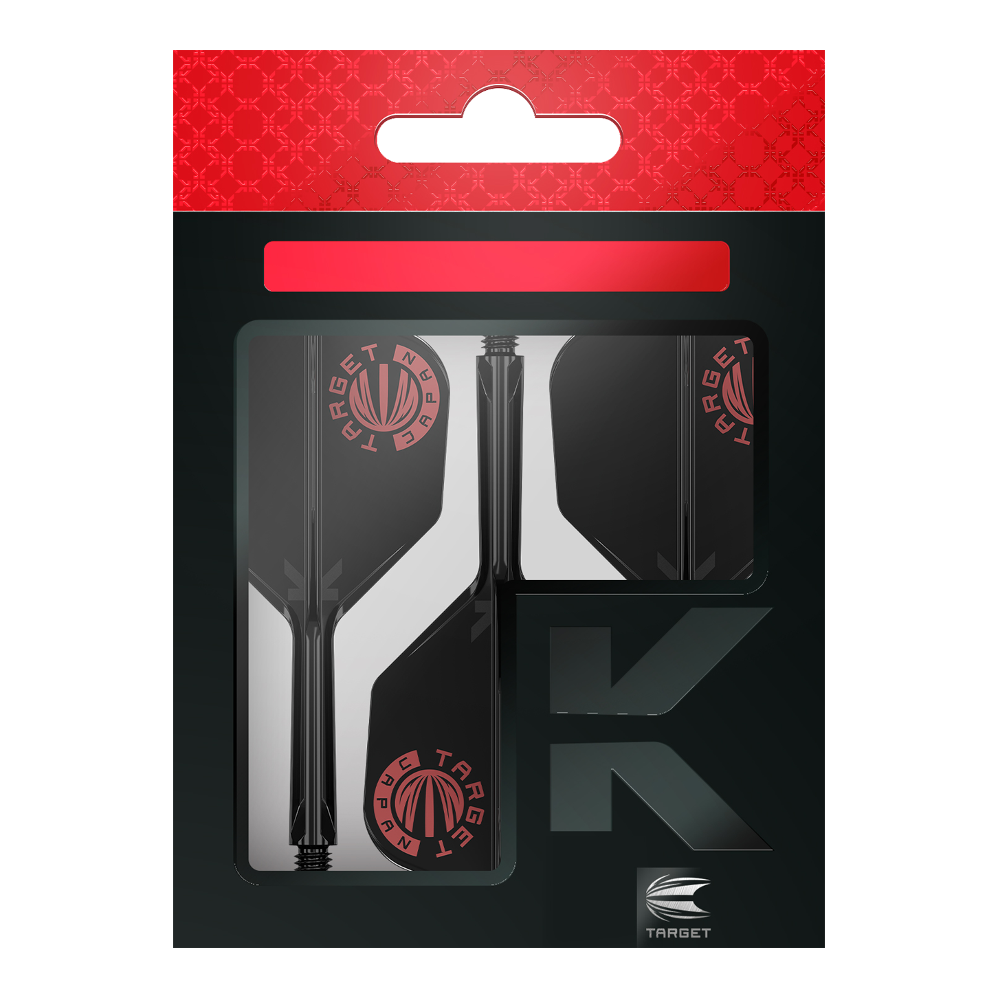 Das Bild zeigt die Verpackung des Produkts "Target Japan K-Flex Original Logo Red Black No6 Flight-Shaft-System". Die Verpackung ist schwarz mit roten Akzenten und dem Target-Logo sichtbar.