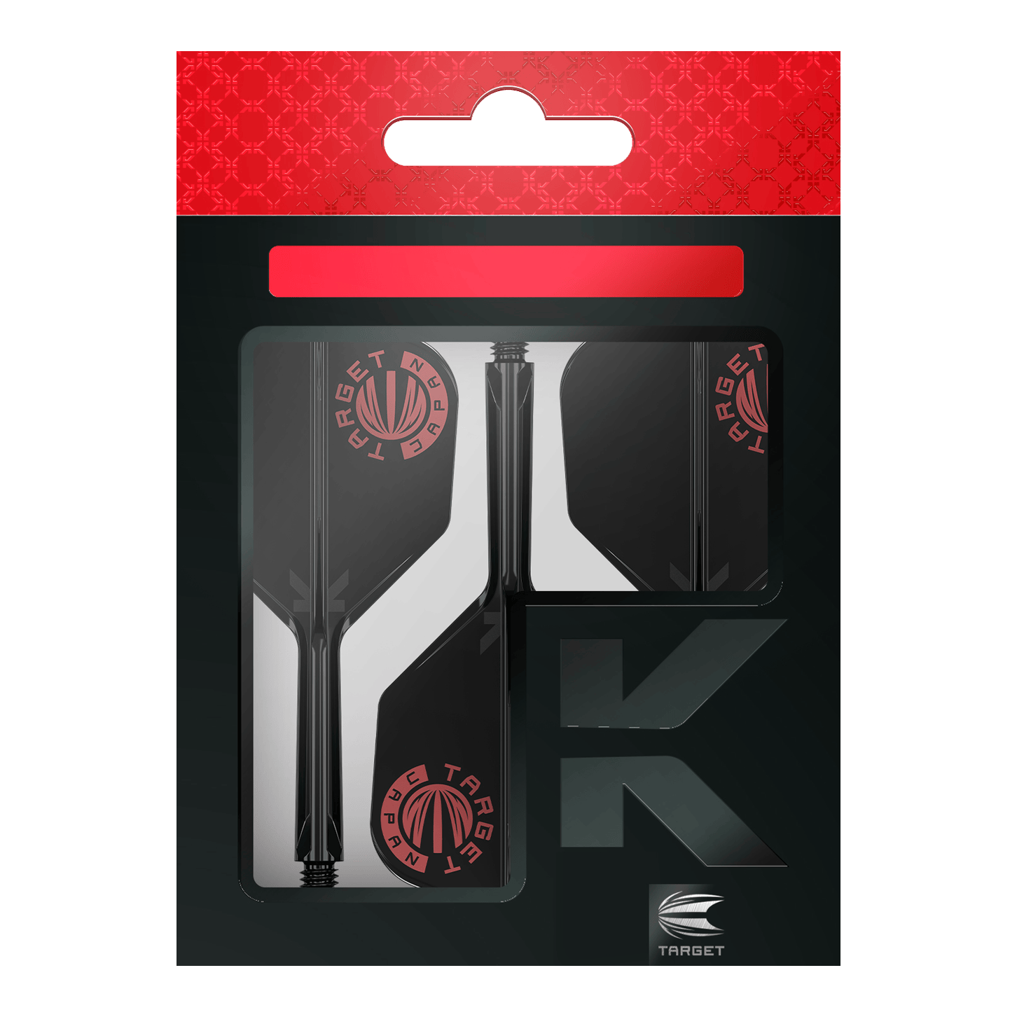 Target Japan K-Flex Original Logo Red Black No6 Flight Shaft System Das Bild zeigt die Verpackung des Produkts "Target Japan K-Flex Original Logo Red Black No6 Flight-Shaft-System". Die Verpackung ist schwarz mit roten Akzenten und dem Target-Logo sichtbar.