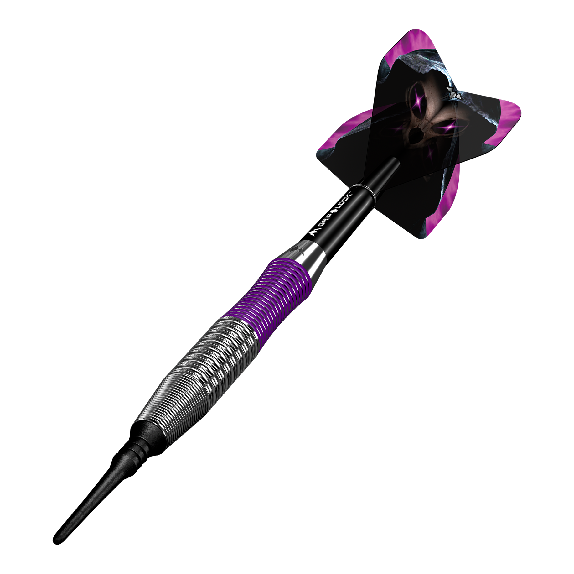 Mission Phantom Brass Soft Darts - 18g Dies ist ein Mission Phantom Brass Softdart mit einem Gewicht von 18g. Der Dart hat ein auffälliges Design mit lila und schwarzen Akzenten.