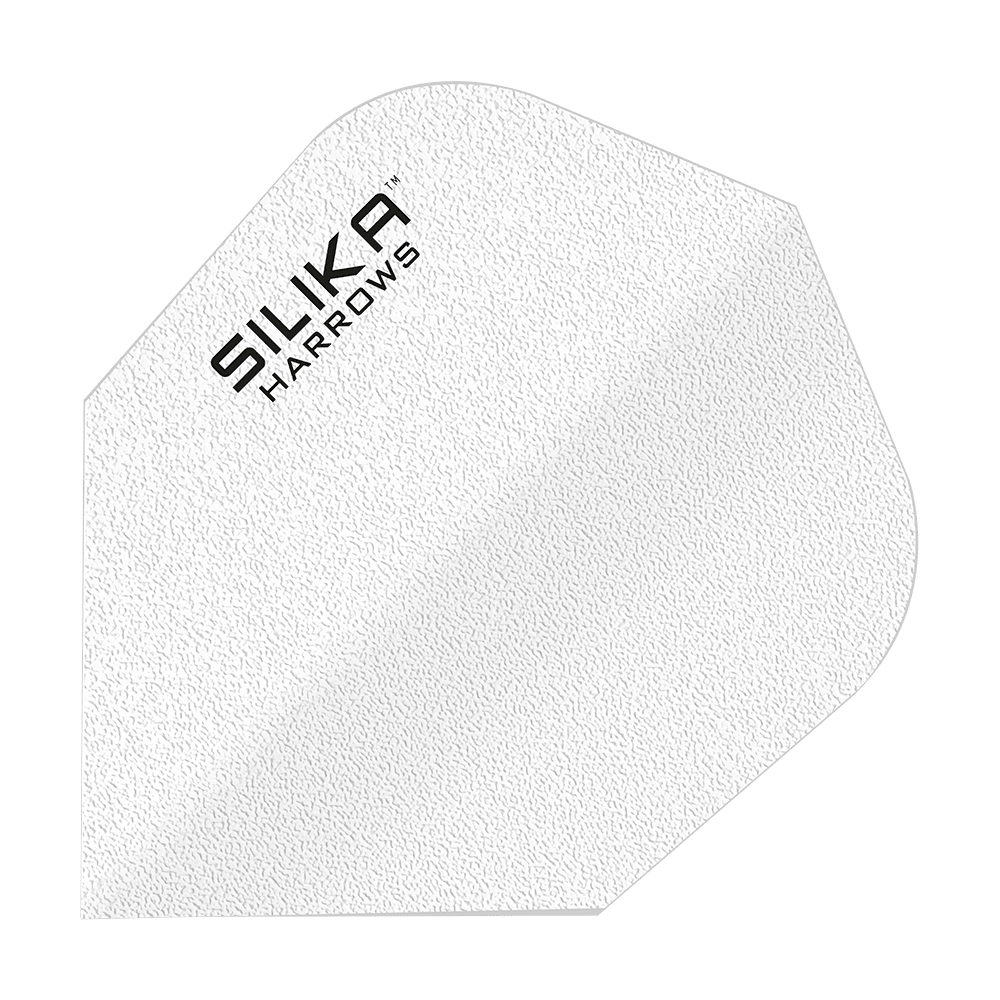 Harrows Silica Solid Tough Crystalline Coating White No6 Flights Das Bild zeigt ein weißes Dart-Flight mit der Aufschrift "SILIKA HARROWS". Es hat eine strukturierte Oberfläche und gehört zur Produktreihe "Silika Solid Tough Crystalline Coating White No6 Flights".