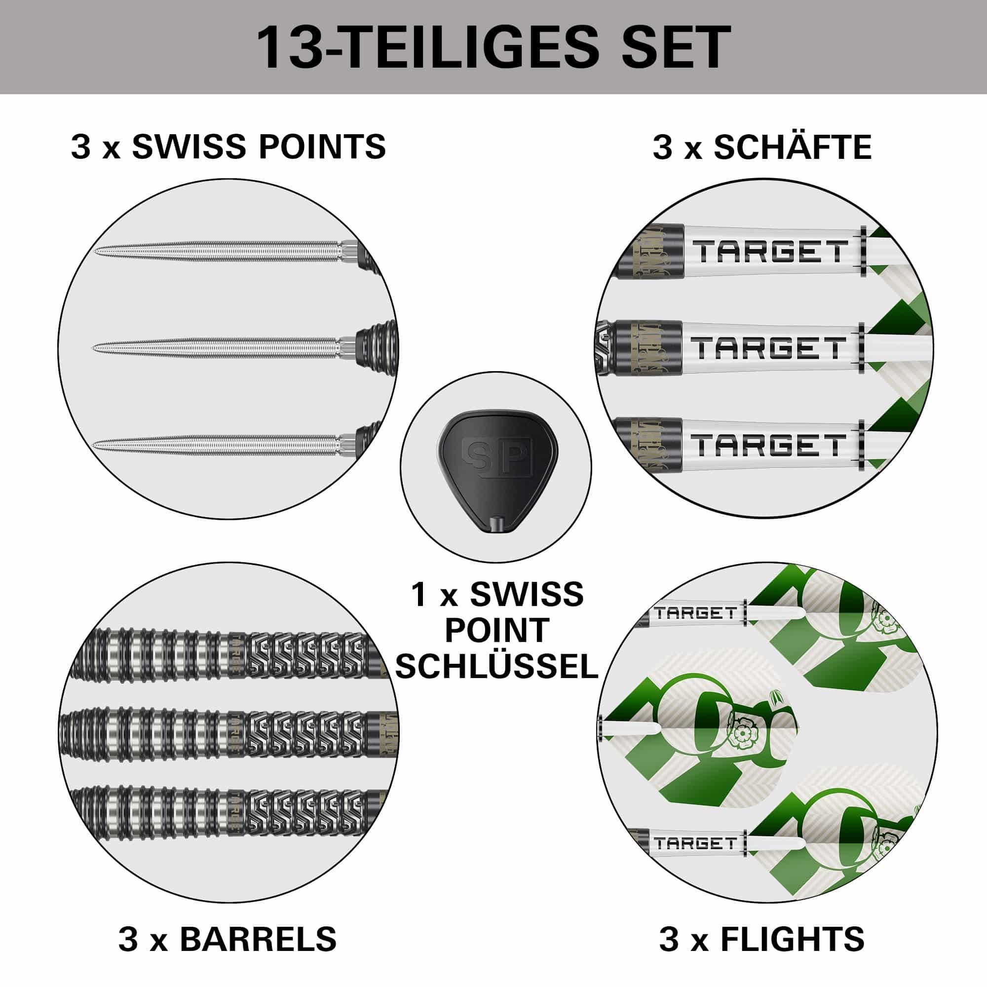 Das Bild zeigt die Target Charlie Manby Swiss Points Steeldarts. Sie eignen sich für professionelle Dartspieler.