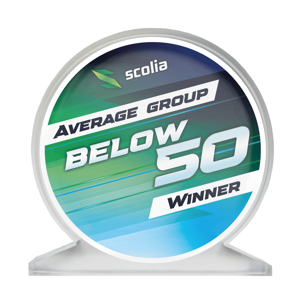 Abgebildet ist ein Acrylglas-Pokal mit der Aufschrift "SCOPO-B50 Scolia". Der Pokal ist für einen Average unter 50 bestimmt.