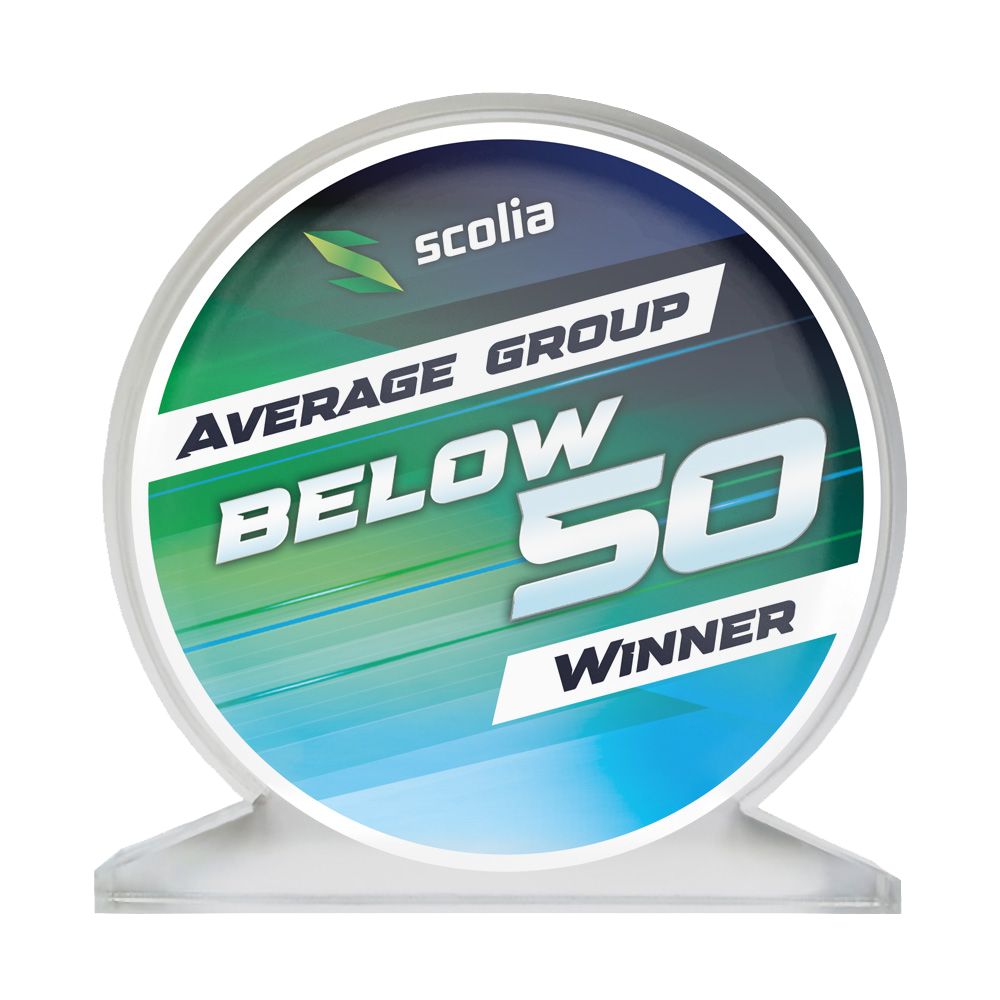 Scolia Acrylic Glass Trophy - Winner Abgebildet ist ein Acrylglas-Pokal mit der Aufschrift "SCOPO-B50 Scolia". Der Pokal ist für einen Average unter 50 bestimmt.