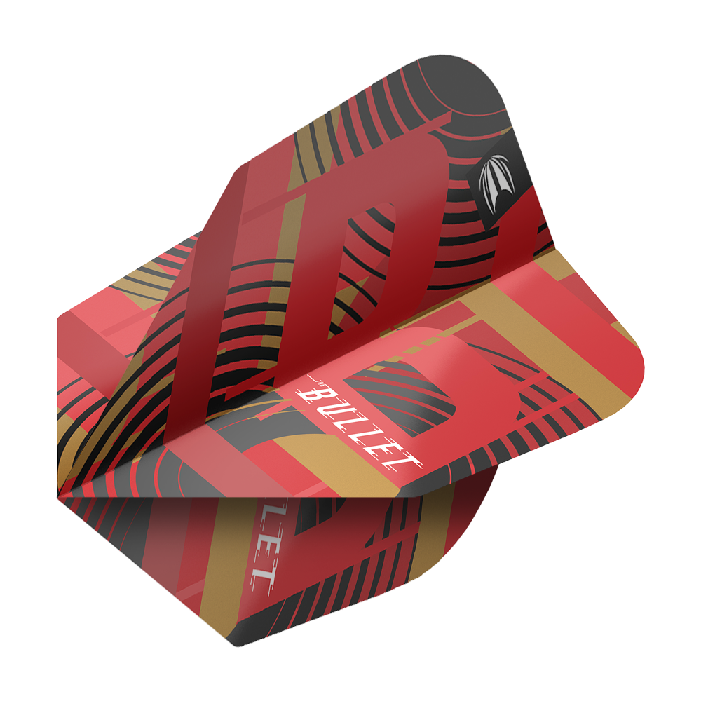 Target Pro Ultra Stephen Bunting GEN5 No6 Flights - 3 Sets Das Bild zeigt ein Dartflight aus der Serie "Target Pro Ultra Stephen Bunting GEN5 No6". Das Flight ist rot mit schwarzen und goldenen Akzenten und trägt die Aufschrift "BULLET".