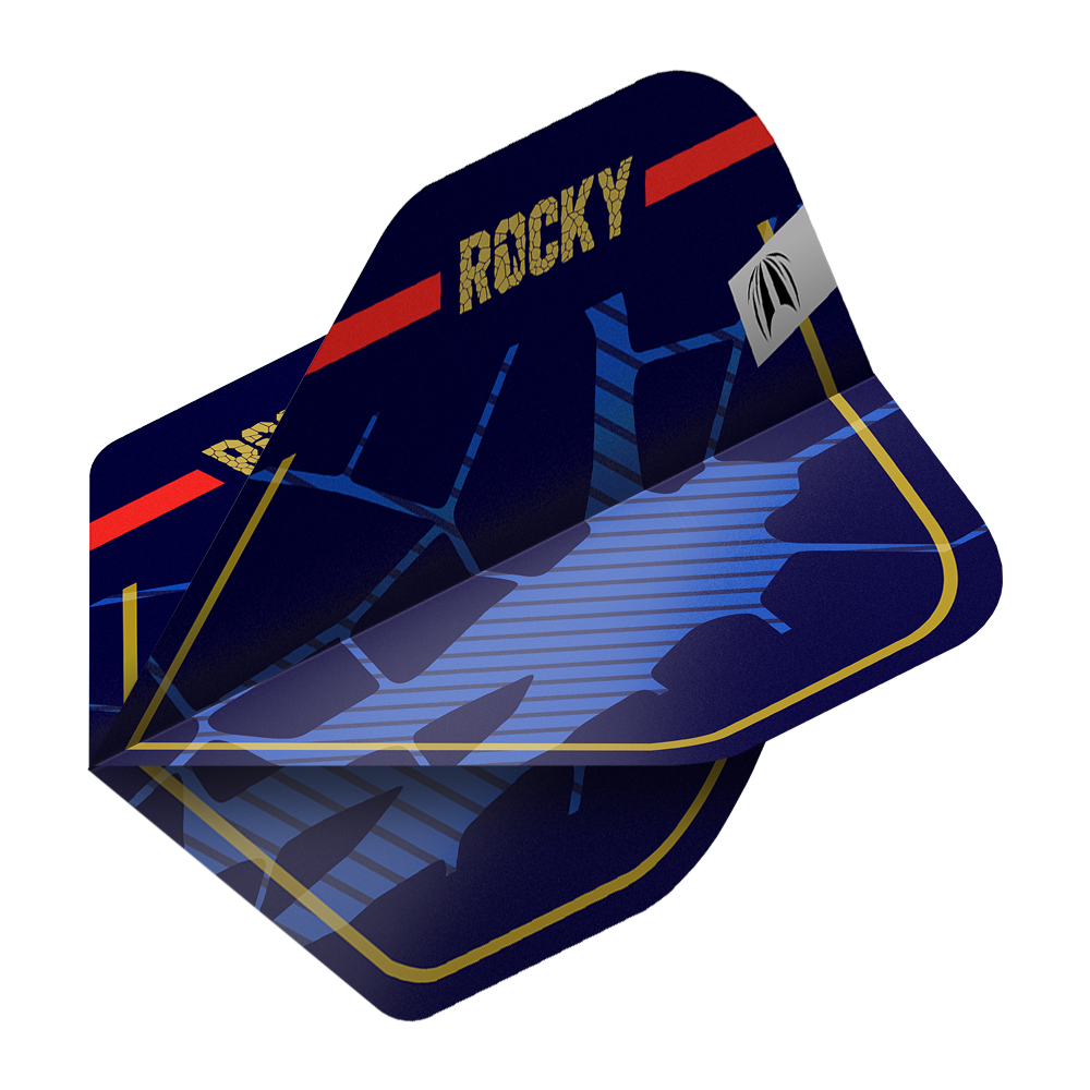 Target Pro Ultra Josh Rock GEN1 No2 Standard Flights - 3 Sets Das Bild zeigt drei Sätze der Target Pro Ultra Josh Rock GEN1 No2 Standard Flights. Die Flights sind dunkelblau mit goldener Umrandung und dem Schriftzug "ROCKY" in Gold.