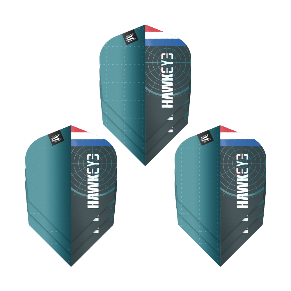 Target Pro Ultra Kevin Doets GEN1 No6 Flights - 3 Sets Das Bild zeigt drei Sätze der Target Pro Ultra Kevin Doets GEN1 No6 Flights. Die Flights sind blau-grün und haben das Wort "Hawkeye" sowie ein Target-Design und eine kleine Flagge.