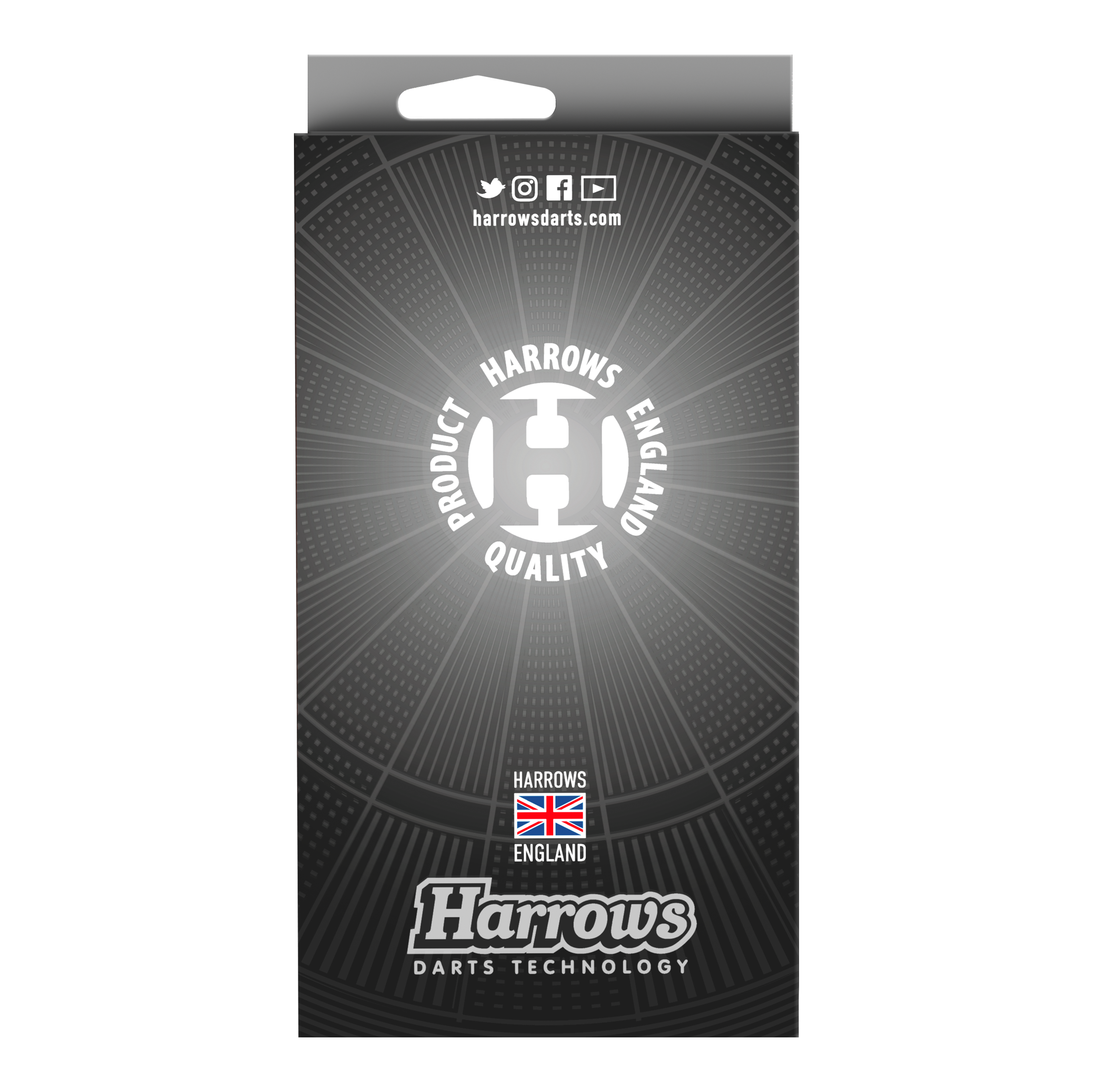 Harrows Siege Softdarts Die Verpackung zeigt das Produkt "Harrows Siege Softdarts". Auf der Vorderseite sind das Harrows-Logo und ein Qualitätssiegel aus England abgebildet.