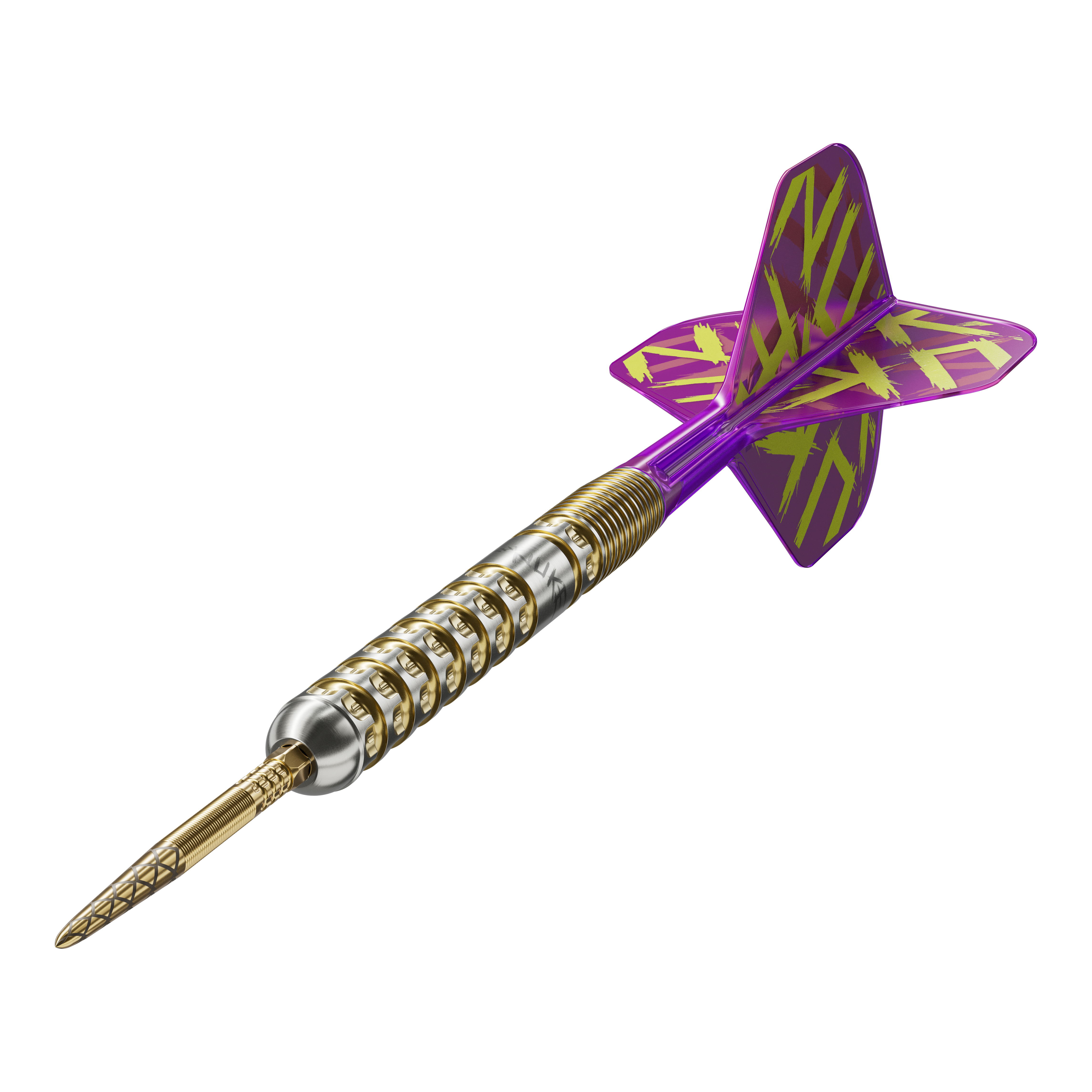 Target Luke Littler GEN1 Prodigy Swiss Point Steel Darts Das Bild zeigt einen Target Luke Littler GEN1 Prodigy Swiss Point Steeldart. Der Dart hat einen gold-silbernen Schaft und lila Flights mit gelbem Muster.