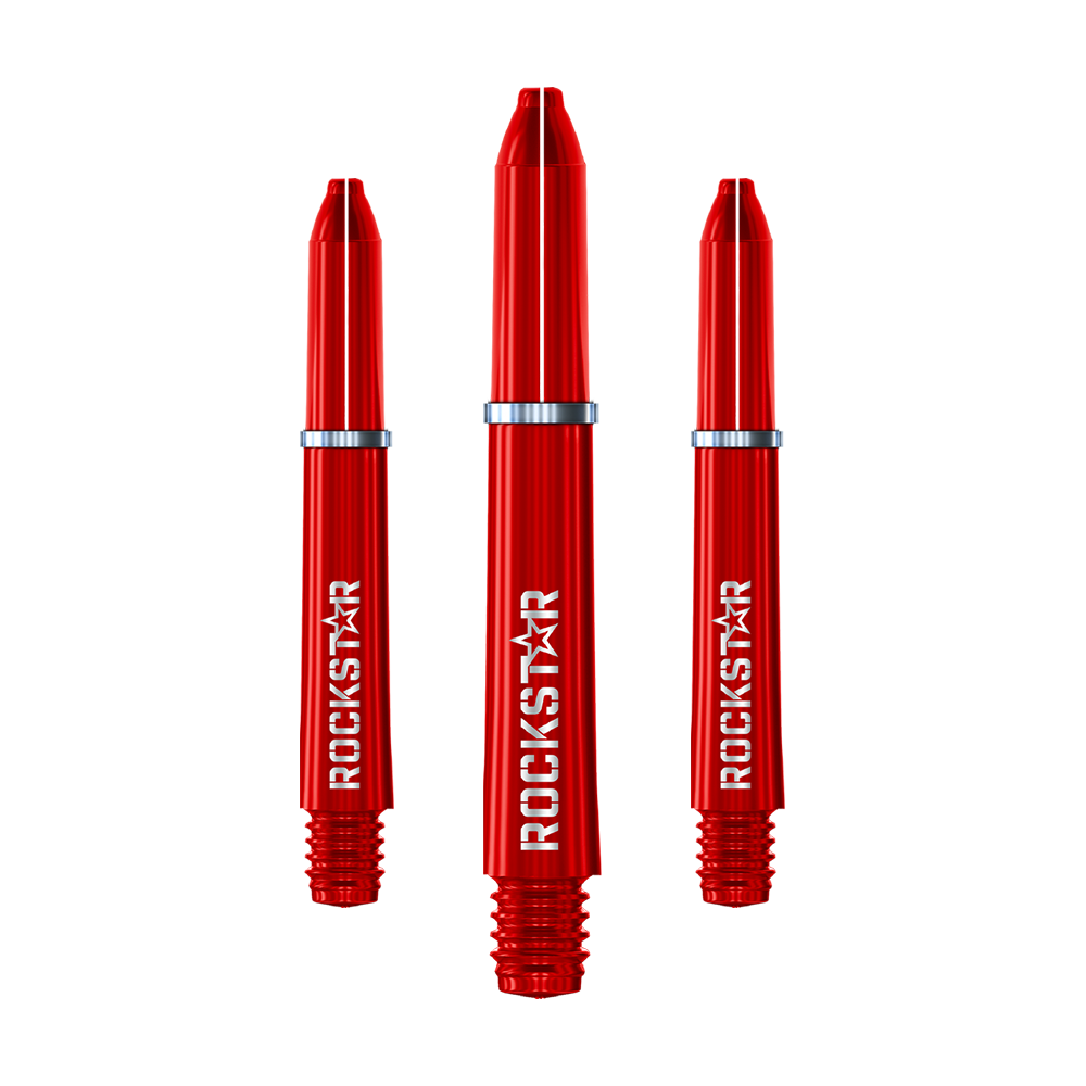 Winmau Joe Cullen Rockstar Nylon Shafts Auf dem Bild sind drei rote Nylon-Dartschäfte mit der Aufschrift "ROCKSTAR" zu sehen. Sie haben silberne Ringe und sind nebeneinander angeordnet.