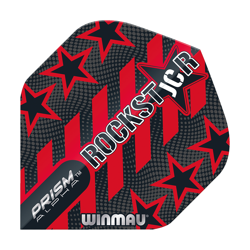 6915-198_Winmau_Prism_Alpha_Joe_Cullen_Standard_Flights_1 Das Bild zeigt ein Winmau Prism Alpha Joe Cullen Standard Flight für Darts. Das Design ist schwarz und rot mit Sternen und den Wörtern „ROCKST★R“ darauf.