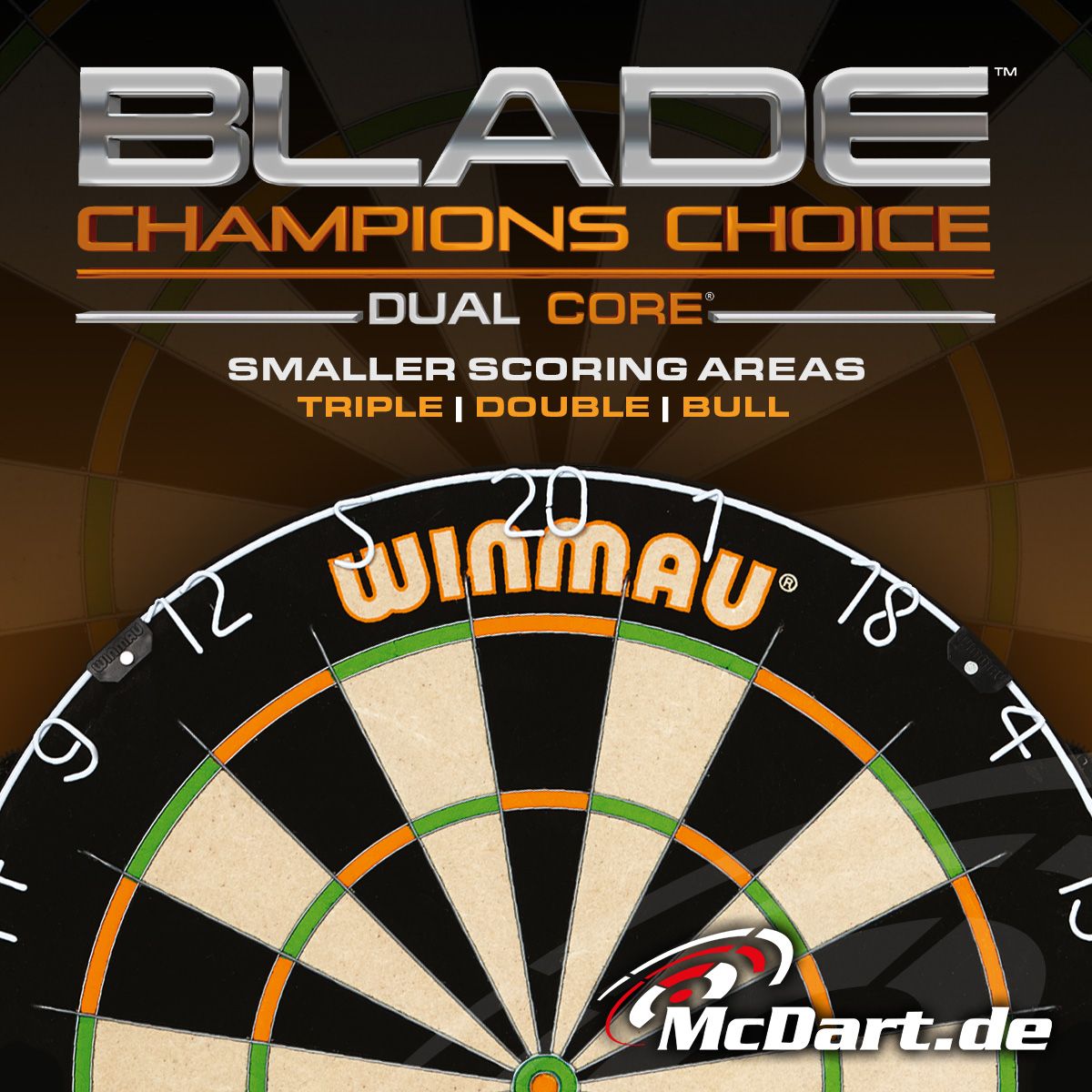 3023_Winmau_Champions_Choice_DualCore_Dartboard_6_admedia Das Bild zeigt das Produkt "Winmau Champions Choice DualCore Dartboard". Zu sehen ist ein Dartboard mit kleineren Trefferflächen für Triple, Double und Bull.