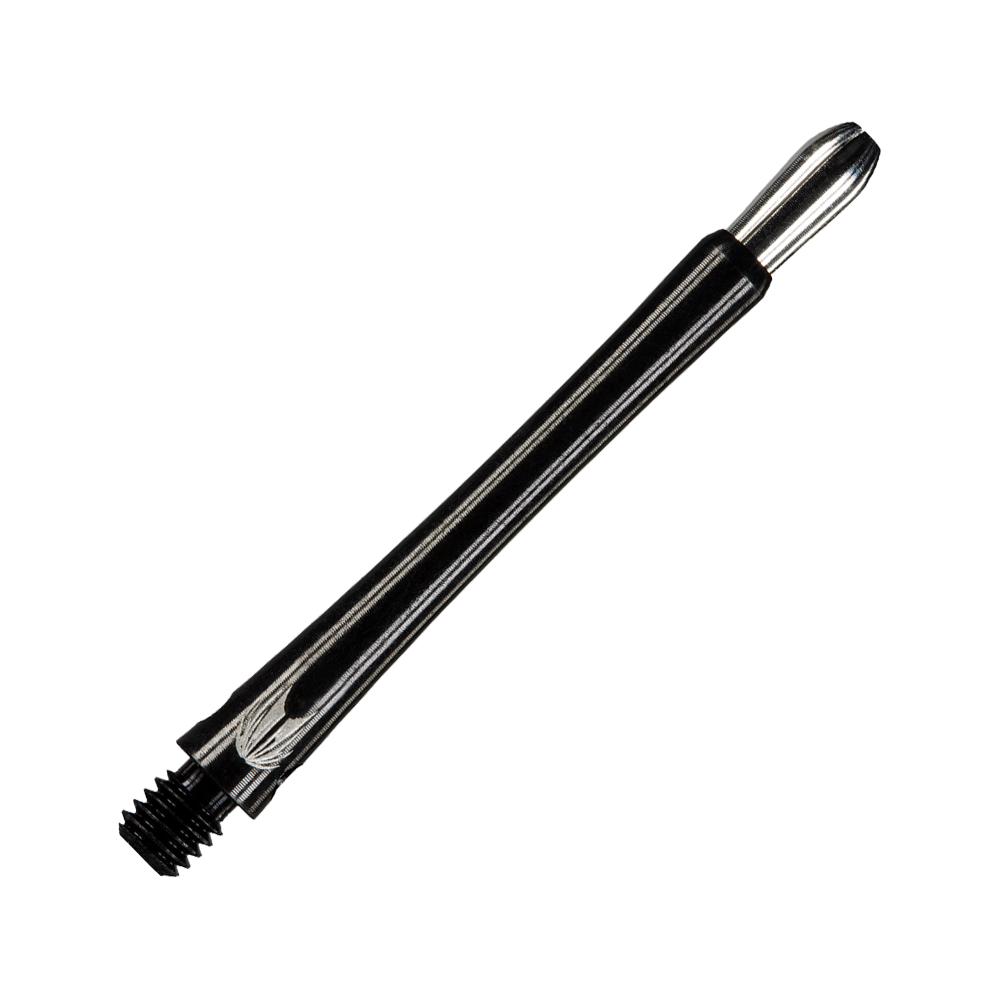 Das Bild zeigt einen schwarzen Aluminium-Dartshaft mit Gewinde. Das schlanke Design sorgt für einen sicheren Halt und eine elegante Optik.