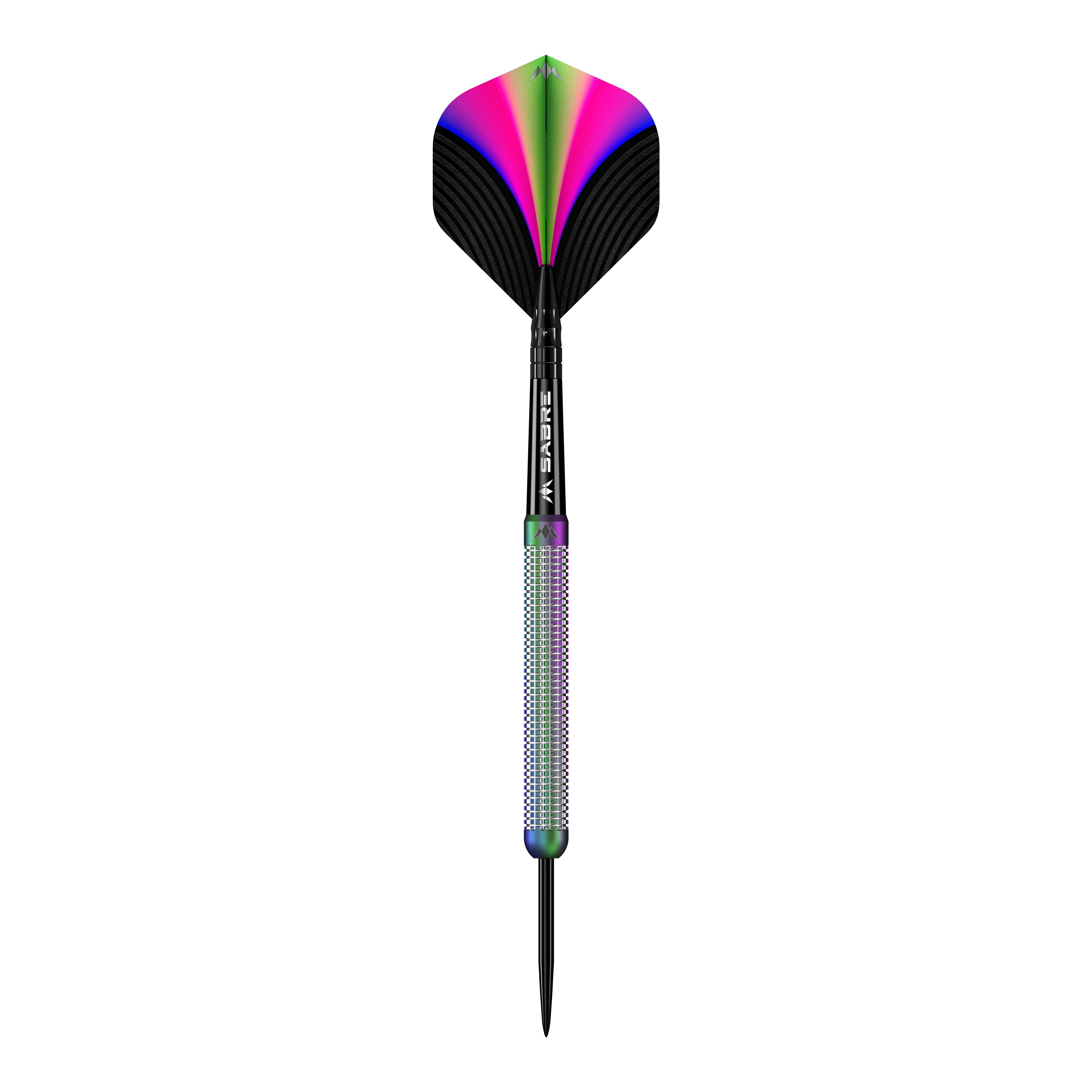 Mission Aurora Coral PVD steel darts - 23g Das Bild zeigt den Mission Aurora Coral PVD Steeldart mit einem Gewicht von 23g. Der Dartpfeil hat bunte, schillernde Farben und ein modernes Design.