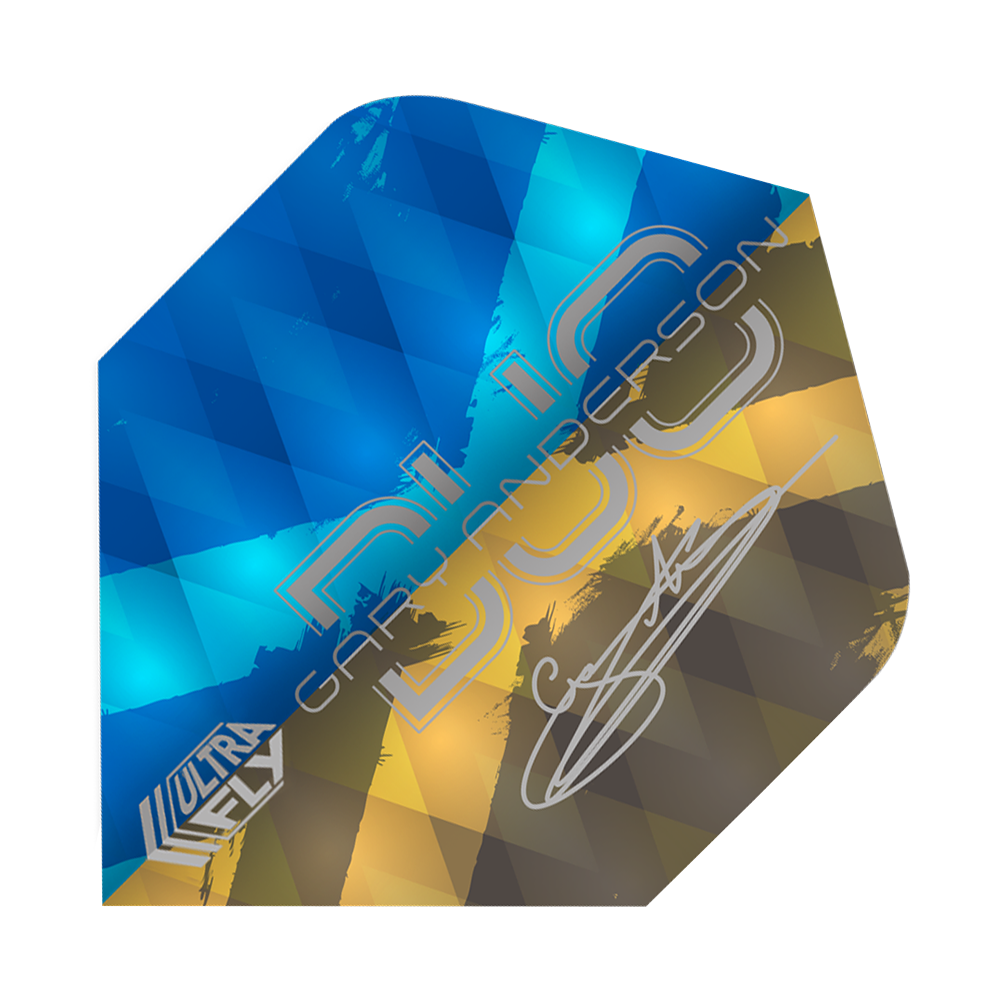 Unicorn Ultrafly 100 Gary Anderson Duo Plus Flights Das Bild zeigt ein Dart-Flight der Marke Unicorn Ultrafly 100 Gary Anderson Duo Plus. Das Flight hat ein Muster in Blau, Gelb und Braun und trägt die Unterschrift von Gary Anderson.