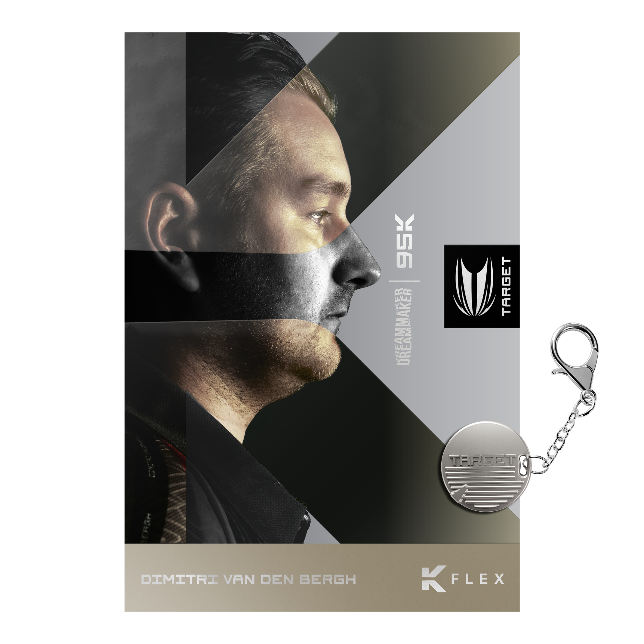 Target Dimitri Van Den Bergh 95K Swiss Point Steeldarts werden angezeigt. Das Bild zeigt das Aussehen und Design der Steeldarts.