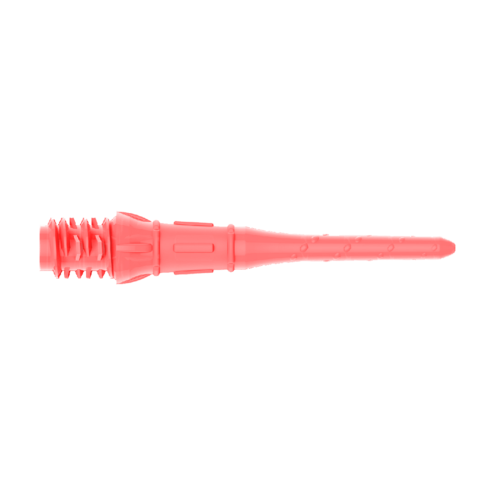 Das Bild zeigt eine pinke Dartspitze aus Kunststoff. Sie ist lang, schmal und hat an einem Ende Gewinde für die Befestigung.
