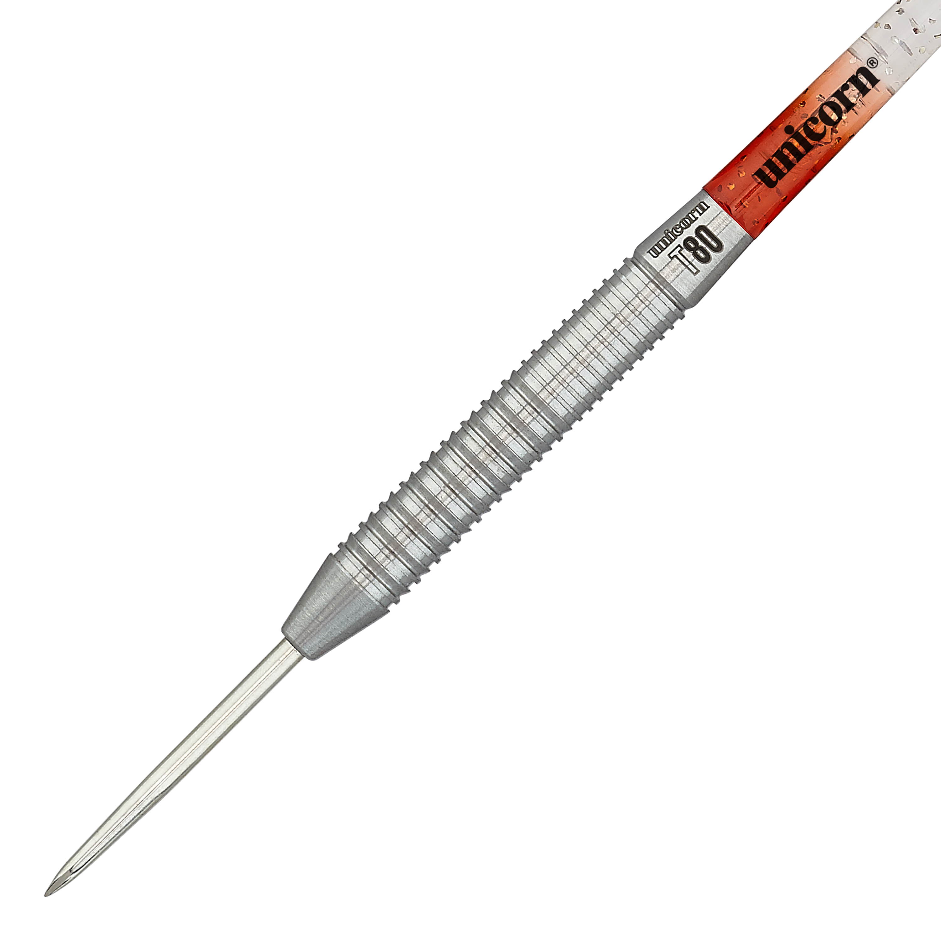 Unicorn Core XL Striker Style 1 Steeldarts - 22g Das Bild zeigt einen silberfarbenen Steeldart mit gerilltem Griff. Auf dem Schaft steht "Unicorn" und das Modell ist "Core XL Striker Style 1" mit 22g Gewicht.