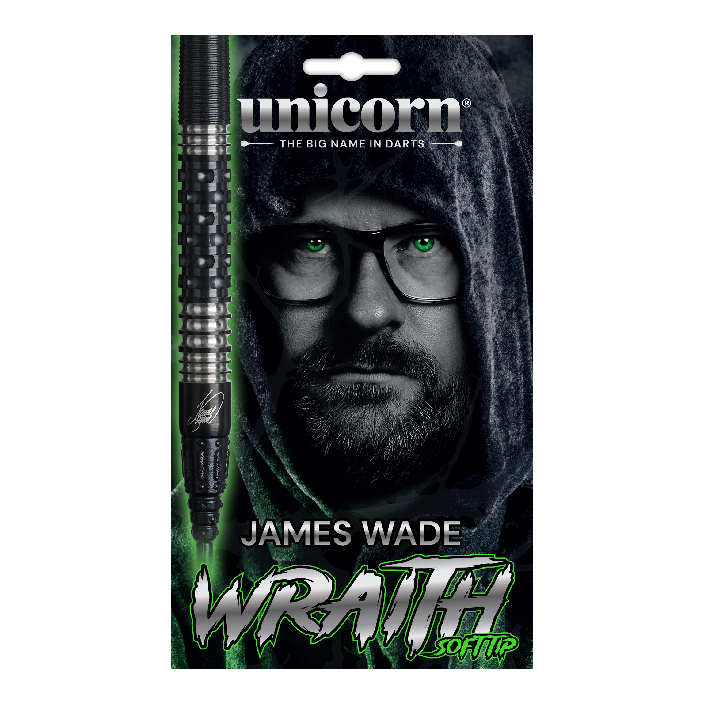 Abgebildet sind die Unicorn Wraith James Wade Softdarts - 19g. Die Darts haben ein schlankes Design für präzises Werfen.
