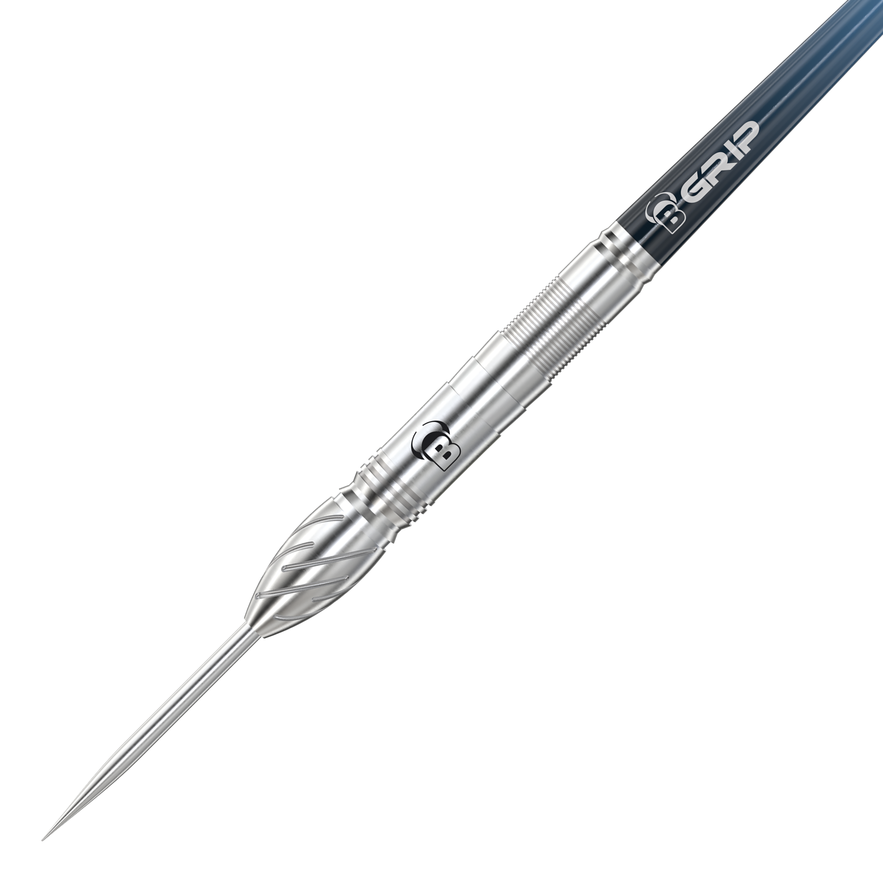 Bulls Stone S1 Steeldarts Das Bild zeigt den "Bulls Stone S1 Steeldart" in Nahaufnahme. Der Dartpfeil besteht aus silbernem Metall mit feinen Rillen für besseren Halt.