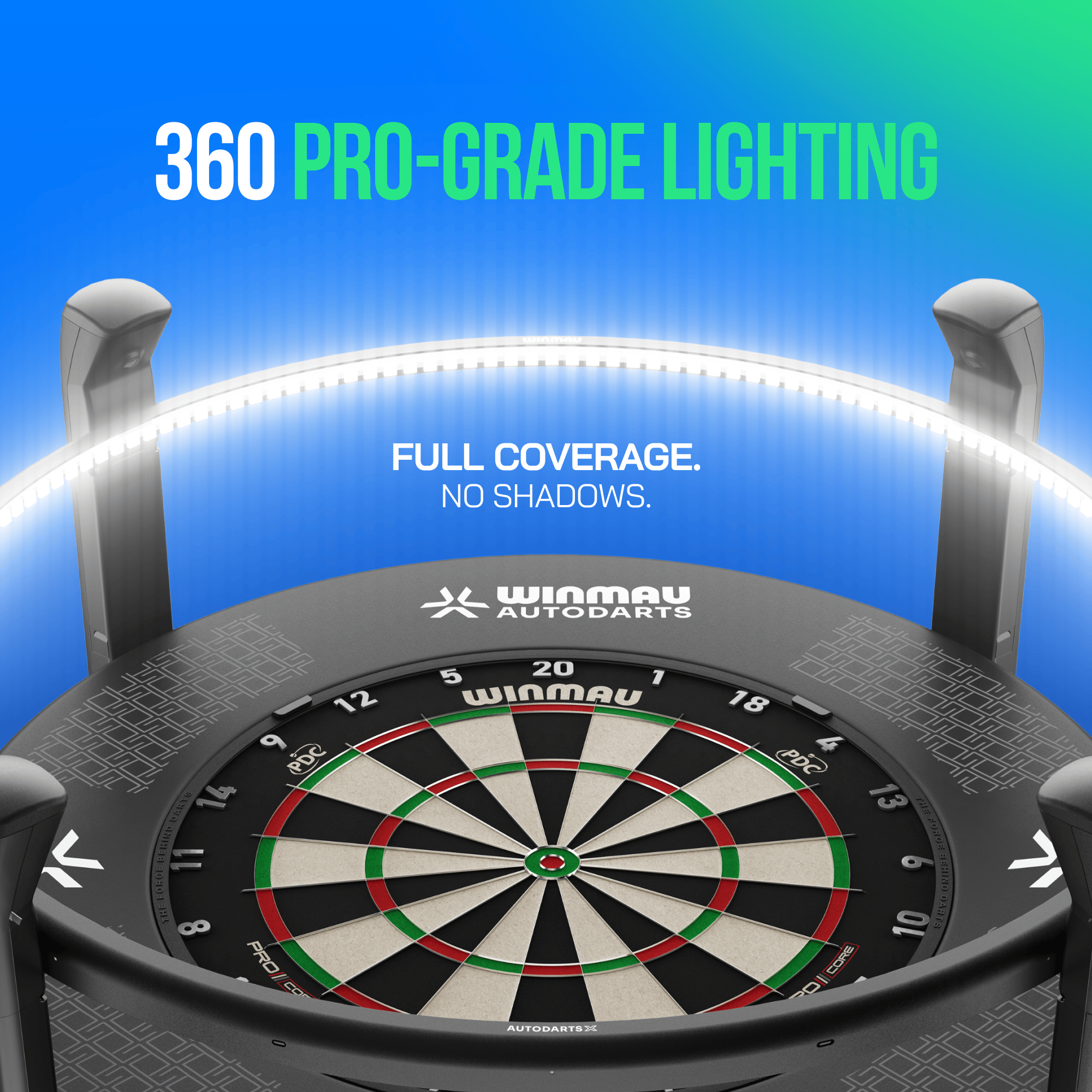 Zu sehen ist das Winmau Autodarts X Autoscoring-System. Es dient der automatischen Auswertung beim Darts-Spiel.