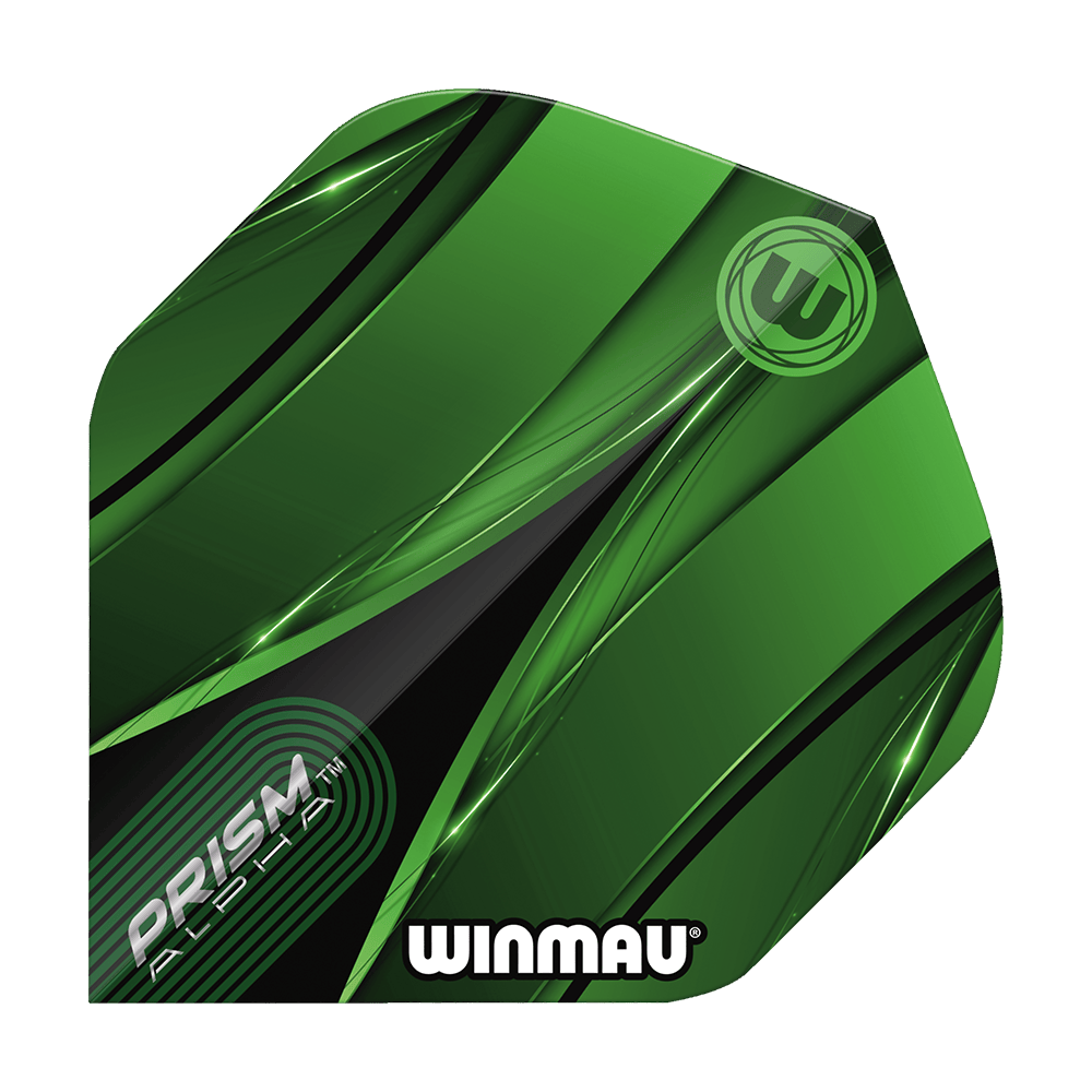 Winmau Alpha Sniper Green Standard Flights Das Bild zeigt ein Winmau Alpha Sniper Green Standard Flight für Darts. Das Flight ist überwiegend grün mit schwarzen und weißen Designelementen und trägt die Aufschriften "PRISM ALPHA" und "WINMAU".