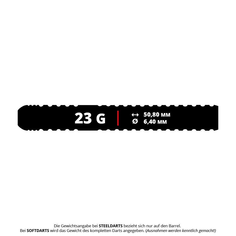 Das Bild zeigt die Produktdaten der Winmau Ryan Branley Steeldarts mit einem Gewicht von 23 Gramm. Der Barrel ist 50,80 mm lang und hat einen Durchmesser von 6,40 mm.