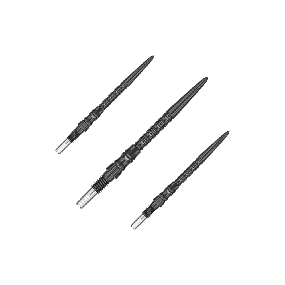 Target Signature Swiss Point TRB Steel Dart Tips - Black Dieses Bild zeigt Dartspitzen in schwarzer Farbe, 30mm Länge, vermutlich das Set. Die Dartspitzen sind als Zubehör für Darts dargestellt.