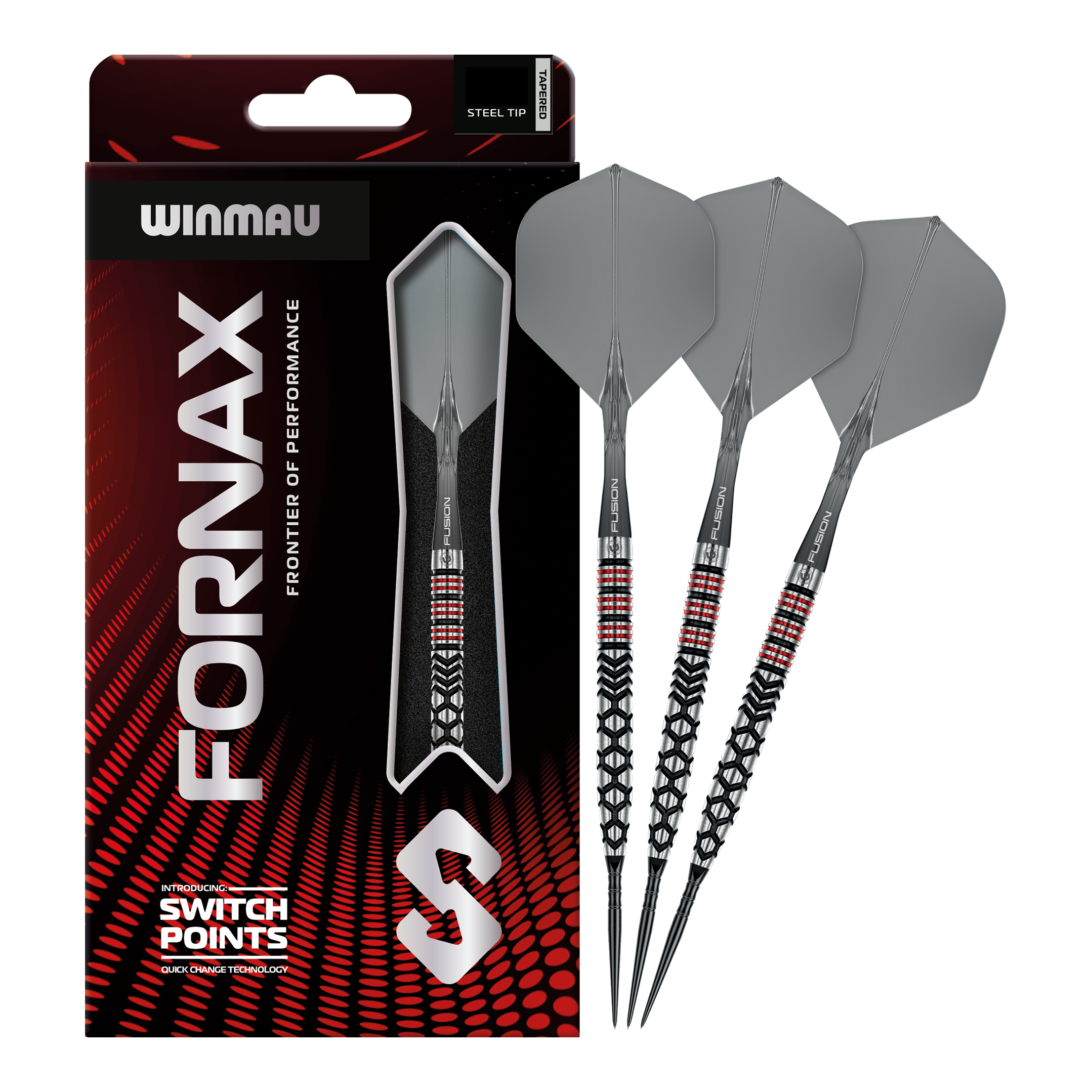 Das Bild stellt die Winmau Fornax Tapered Switch Point Steeldarts dar. Sie sind hochwertige Steeldarts für ambitionierte Spieler.