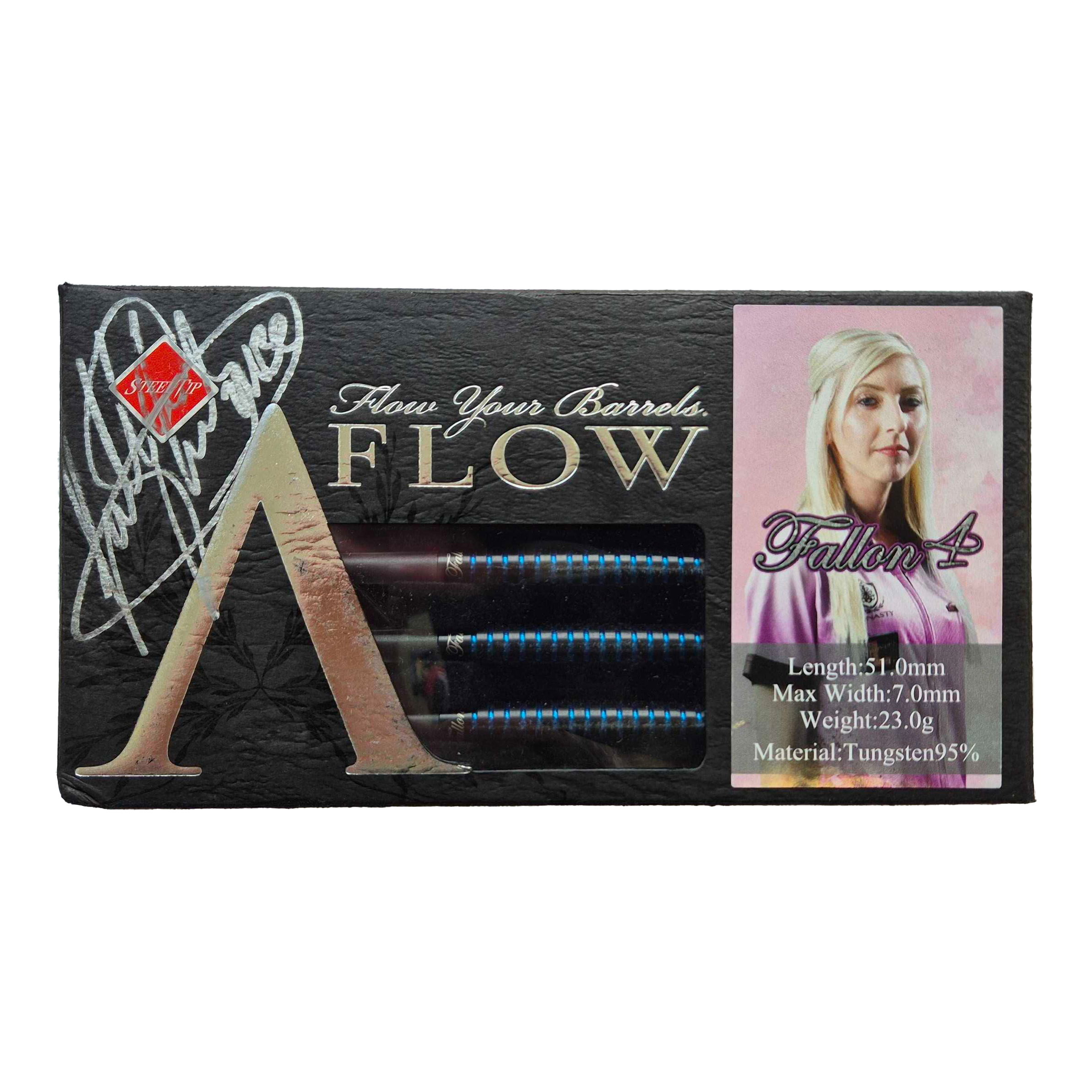 Dynasty Fallon Sherrock 4 AFlow BK Steel Darts - With Autograph - 23g Das Bild zeigt eine Packung Dynasty Fallon Sherrock 4 AFlow BK Steeldarts mit einer Unterschrift. Auf der Verpackung ist auch ein Foto von Fallon Sherrock sowie die technischen Daten der Darts abgebildet.