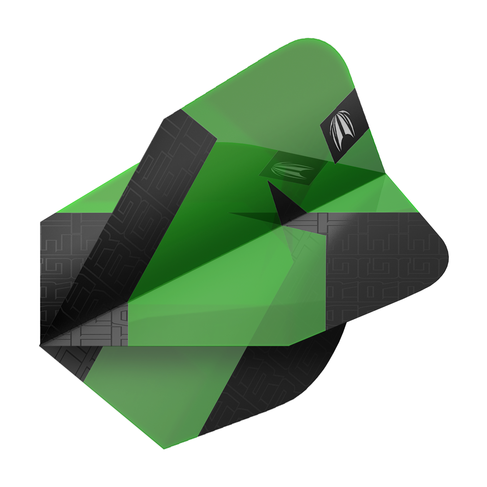 Target Pro Ultra TAG Green Ten-X Standard Flights - 3 Sets Das Bild zeigt einen grünen Dartflight mit schwarzen Akzenten aus der Serie "Target Pro Ultra TAG Grün Ten-X Standard Flights". Das moderne Design hebt sich durch klare Farben und Muster hervor.