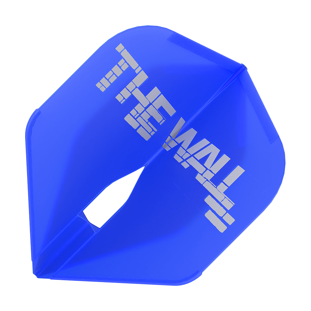 L-Style Martin Schindler Blue L1PRO Flights Das Bild zeigt ein blaues Dartflight mit der Aufschrift "THE WALL". Es handelt sich um das Modell "L-Style Martin Schindler Blau L1PRO Flights".