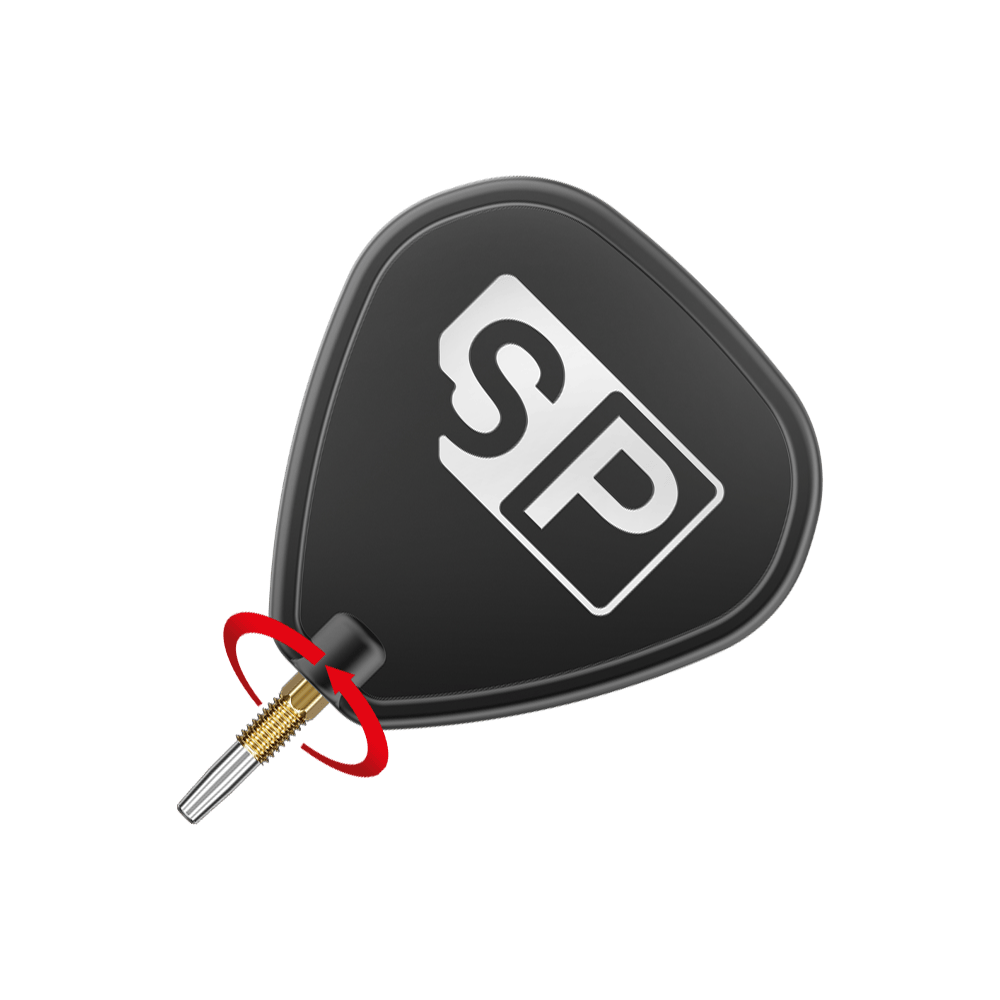Target Swiss Point Chrono Dart Tips - Gold Das Bild zeigt eine schwarze Dartspitze mit den weißen Buchstaben "SP" darauf. Ein roter Pfeil deutet auf eine Drehbewegung an der goldenen Schraubverbindung hin.