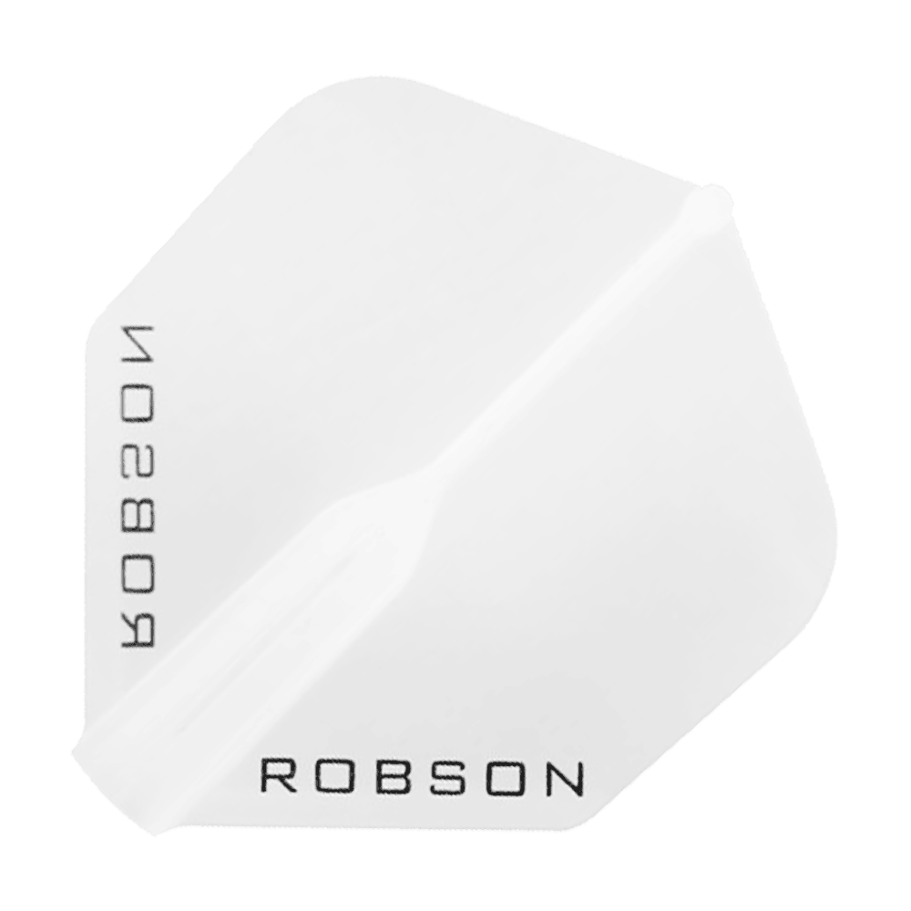 Robson Plus Flights - Standard Das Bild zeigt einen klaren, sechseckigen Dartflight mit dem Schriftzug "ROBSON" in schwarzer Farbe. Das Design ist schlicht und durchsichtig gehalten.