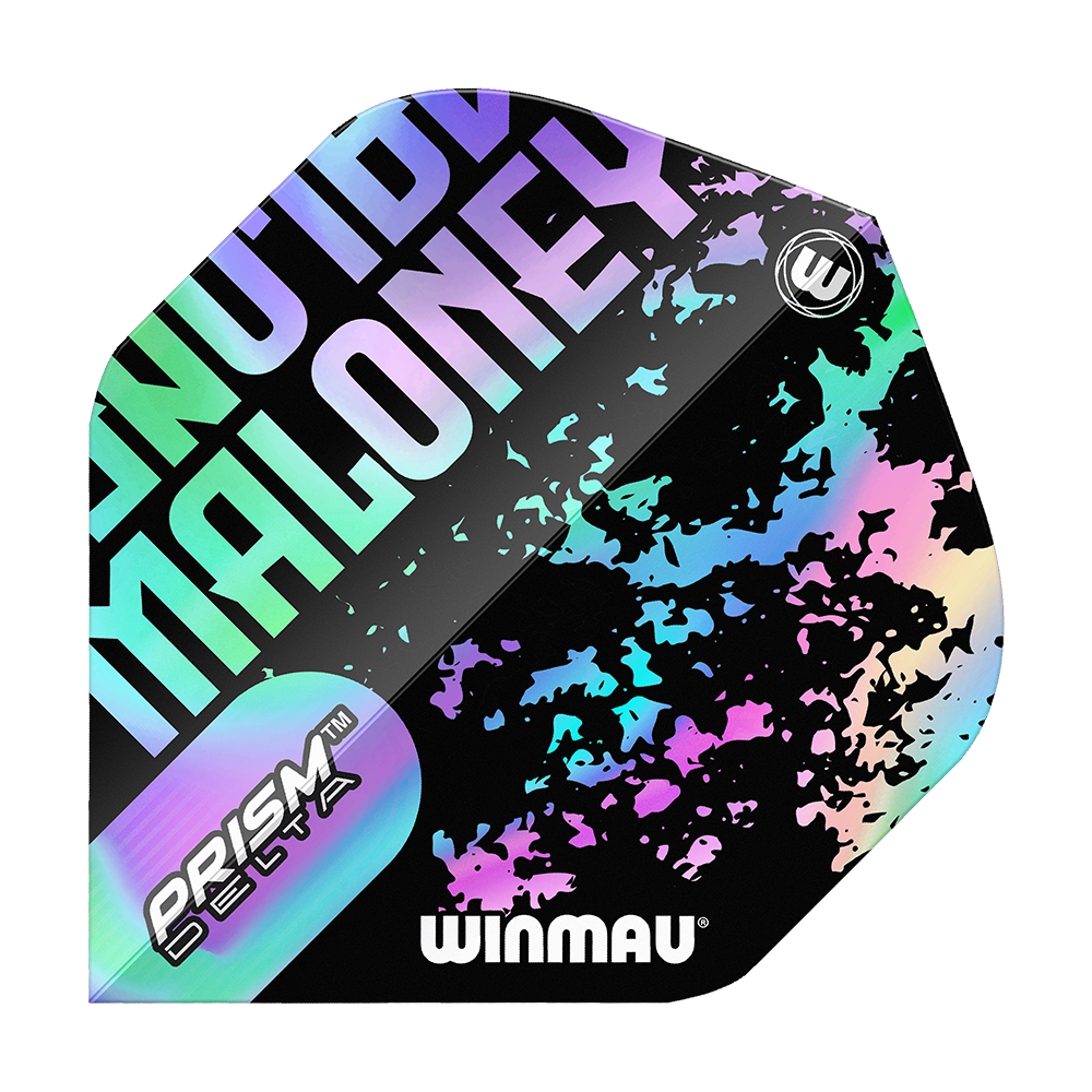 Das Bild zeigt ein Winmau Prism Delta Mike Maloney Standard Flight für Darts. Das Flight hat ein auffälliges, buntes Design mit dem Namen "Maloney" und dem Winmau-Logo.